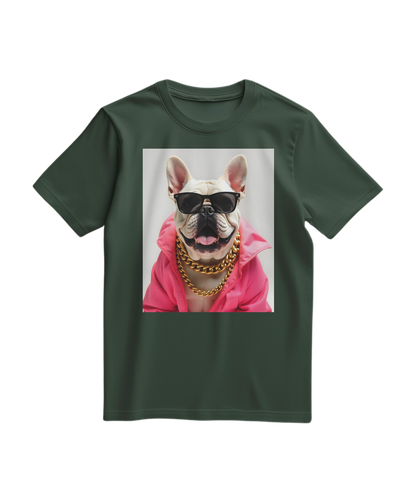 Camiseta Bulldog Azure Pop da Camalestore, camiseta de algodão verde com estampa de cão bulldog em cores vibrantes.