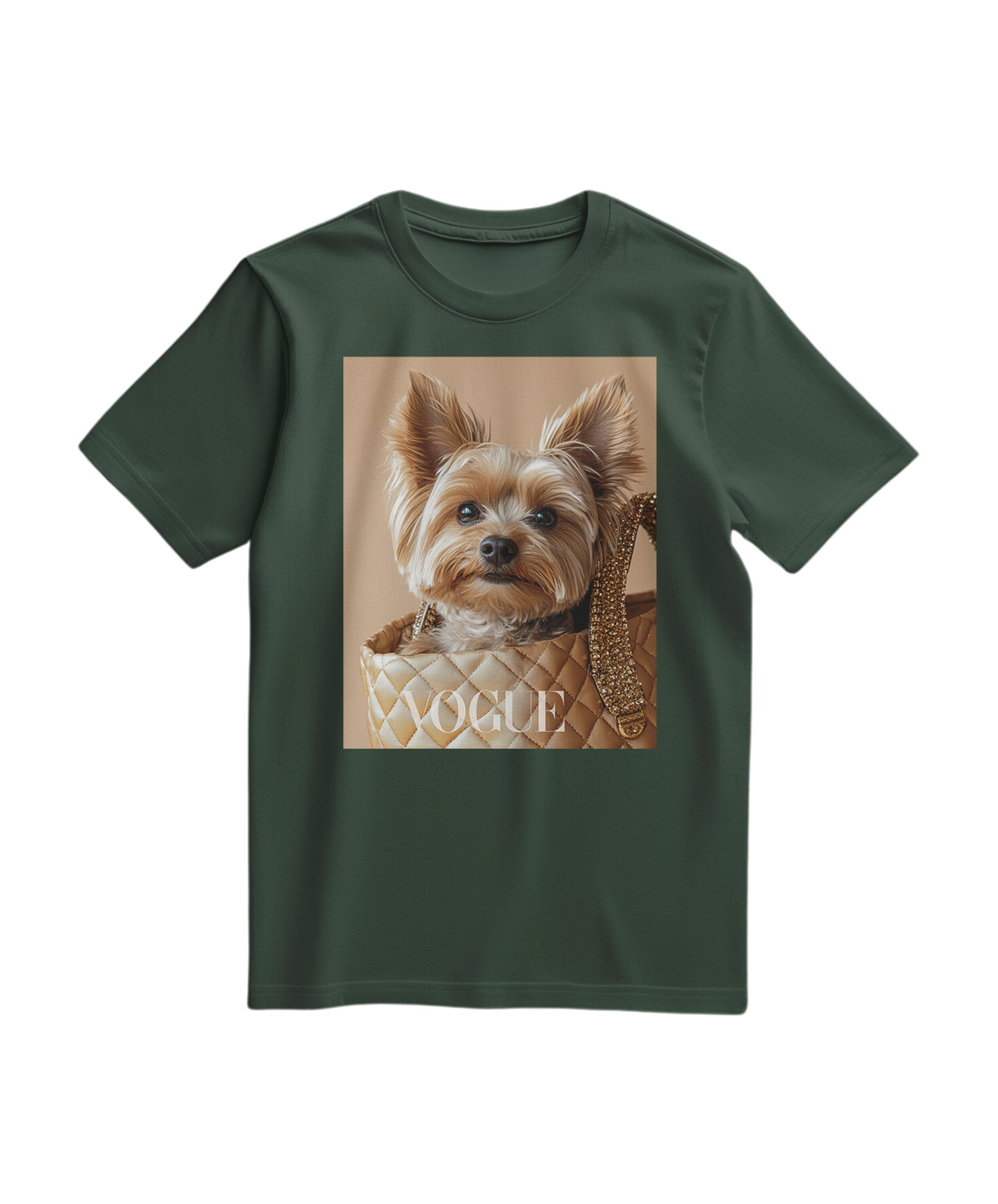 T-shirt verde floresta da Camalestore com estampa de Yorkie, tecido confortável e detalhes visíveis na imagem.