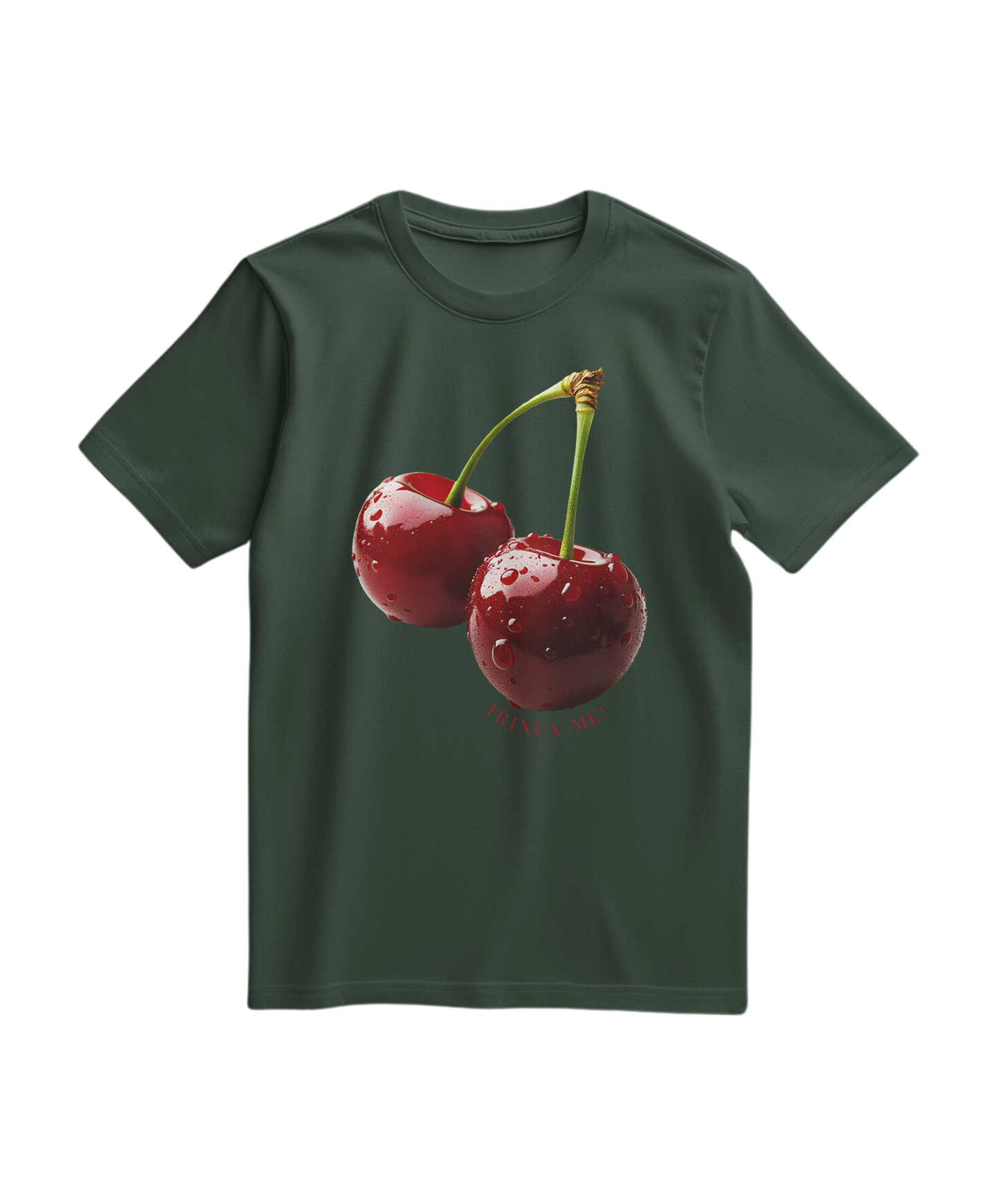Camalestore camiseta verde floresta com estampa de cereja mordida, estilo casual e confortável, para uso diário.