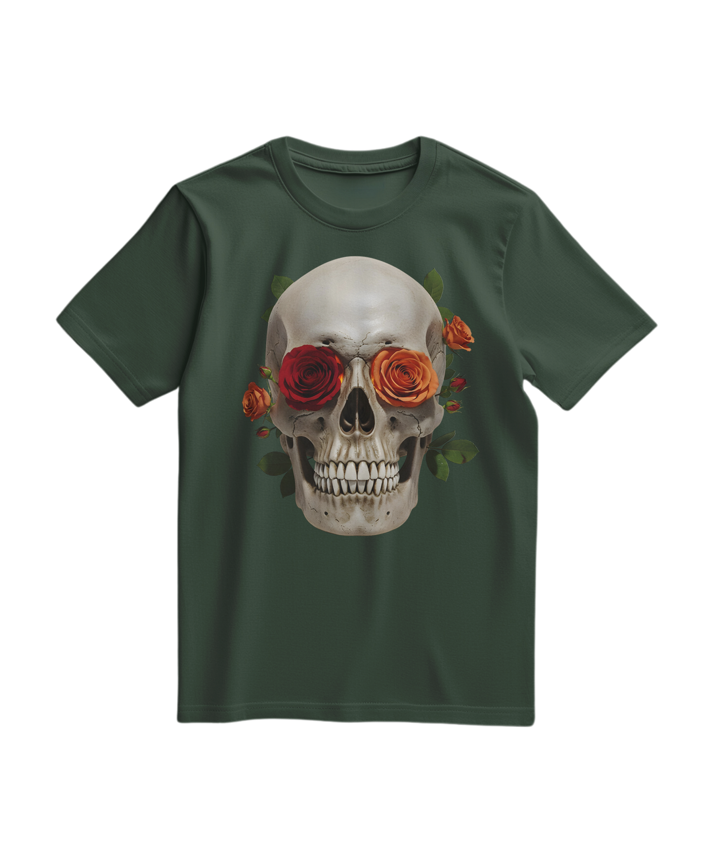 Camiseta verde com estampa de caveira e rosas, camiseta casual da marca Camalestore, vista frontal com detalhes de design.