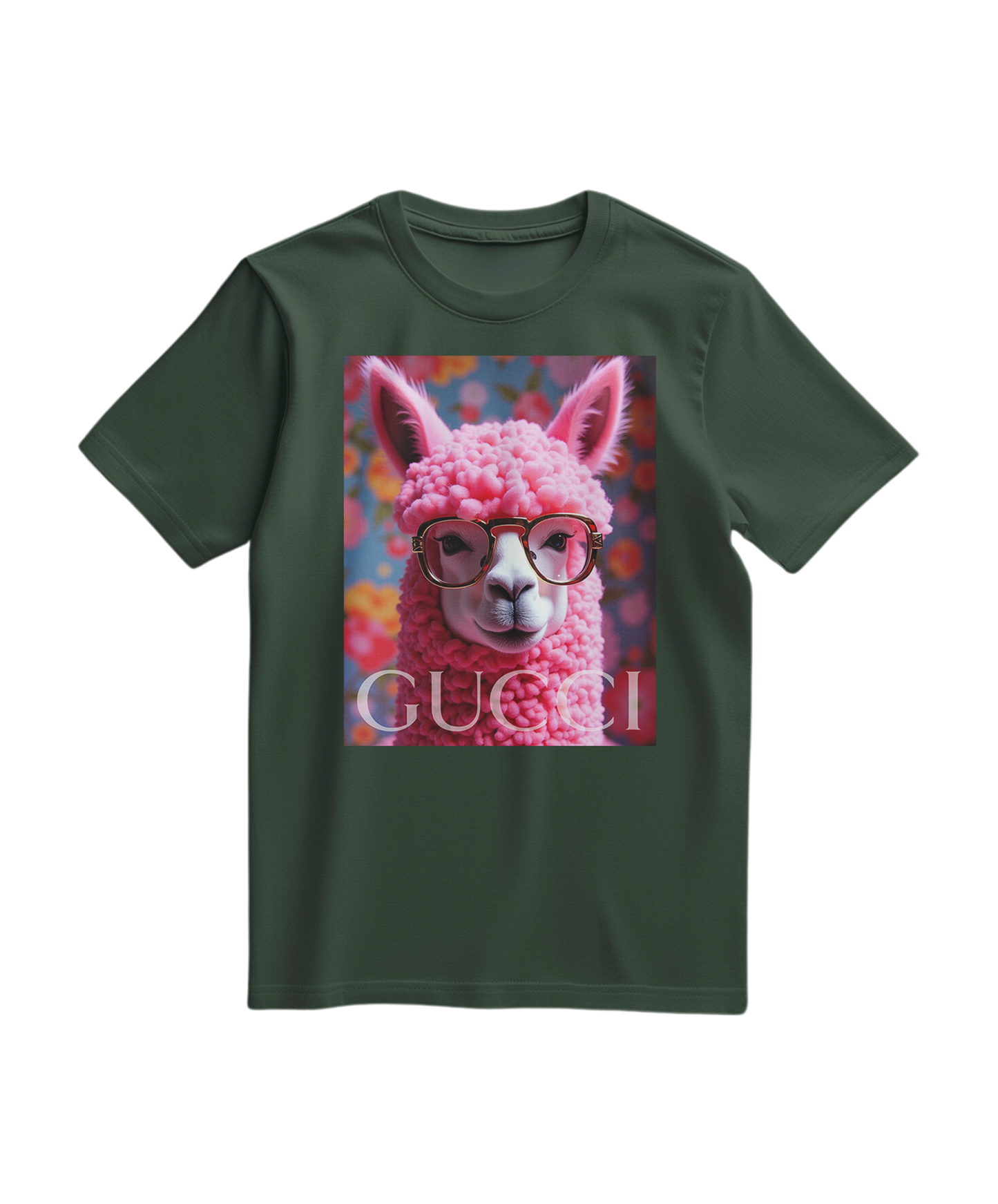 T-shirt verde floresta da Camalestore com ícone de alpaca branco na frente, tecido confortável e estilo casual.