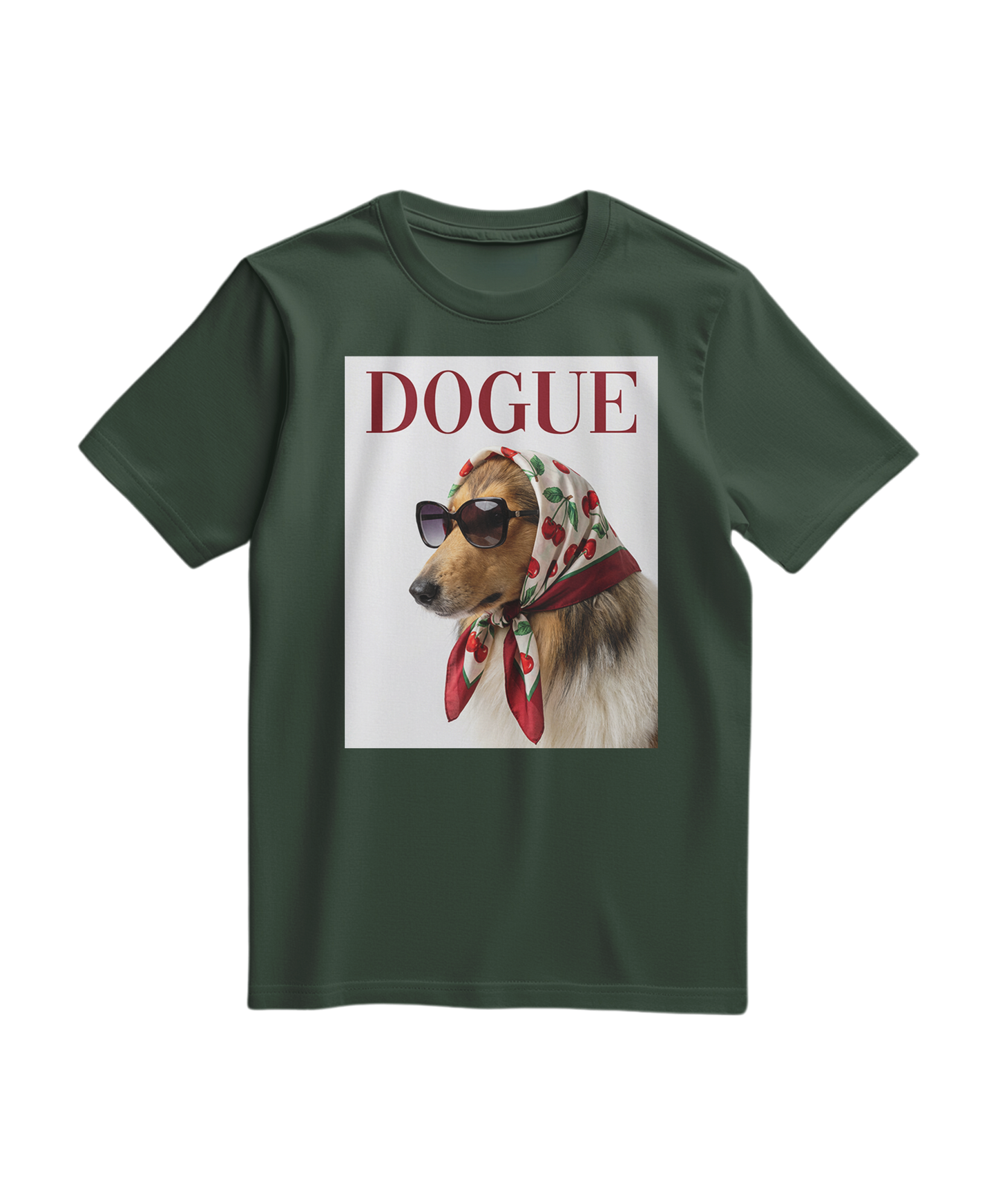 T-shirt vintage Dogue Muse verde floresta, camiseta casual com estampado de cão vintage, da marca Camalestore.