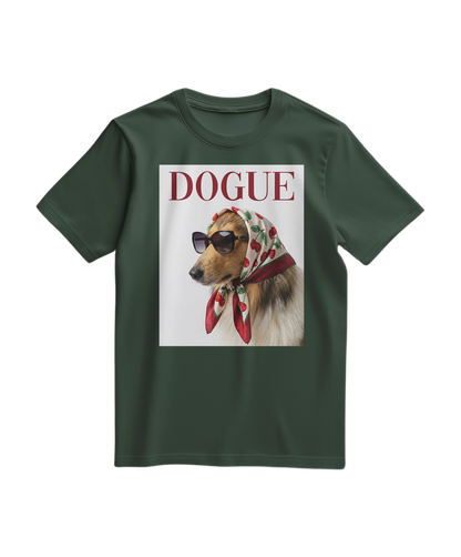 T-shirt vintage Dogue Muse verde floresta, camiseta casual com estampado de cão vintage, da marca Camalestore.