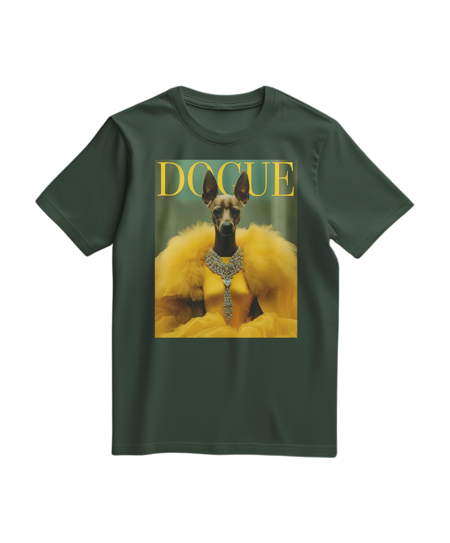 Camiseta T-shirt Dogue Majestic verde floresta com estampa de cachorro, feita pela Camalestore, vista frontal com detalhes do design.