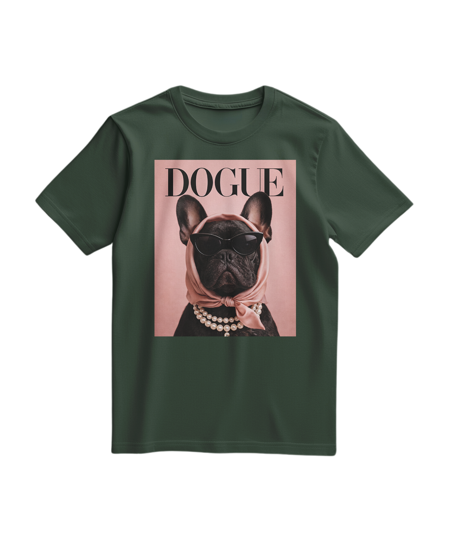 Camiseta verde floresta da Camalestore com estampa do The Frenchie Muse, manga curta e design casual.