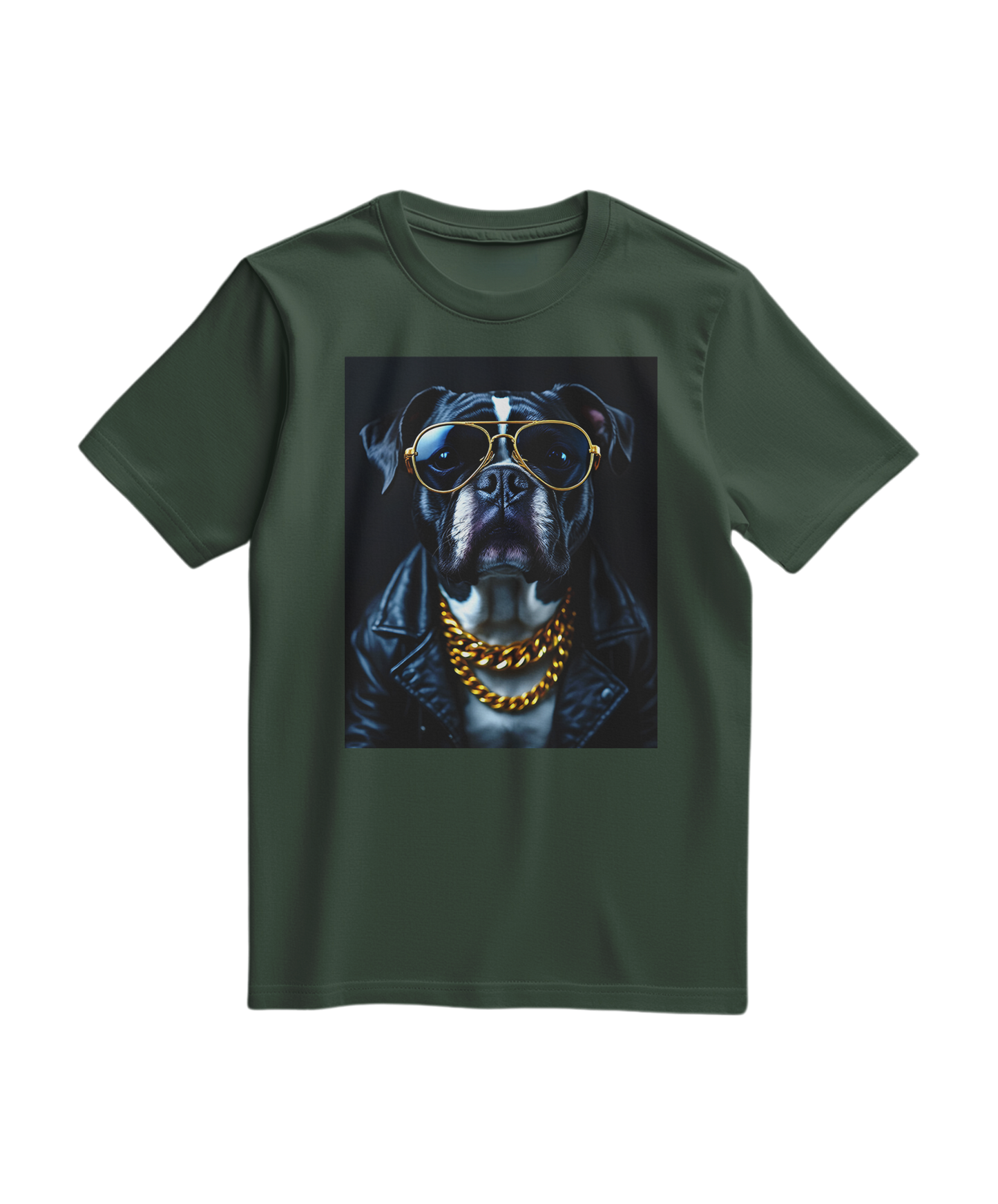 T-shirt verde floresta Golden Rocker da Camalestore, com design gráfico na frente, tecido confortável e estilo casual.