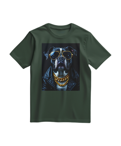 T-shirt verde floresta Golden Rocker da Camalestore, com design gráfico na frente, tecido confortável e estilo casual.