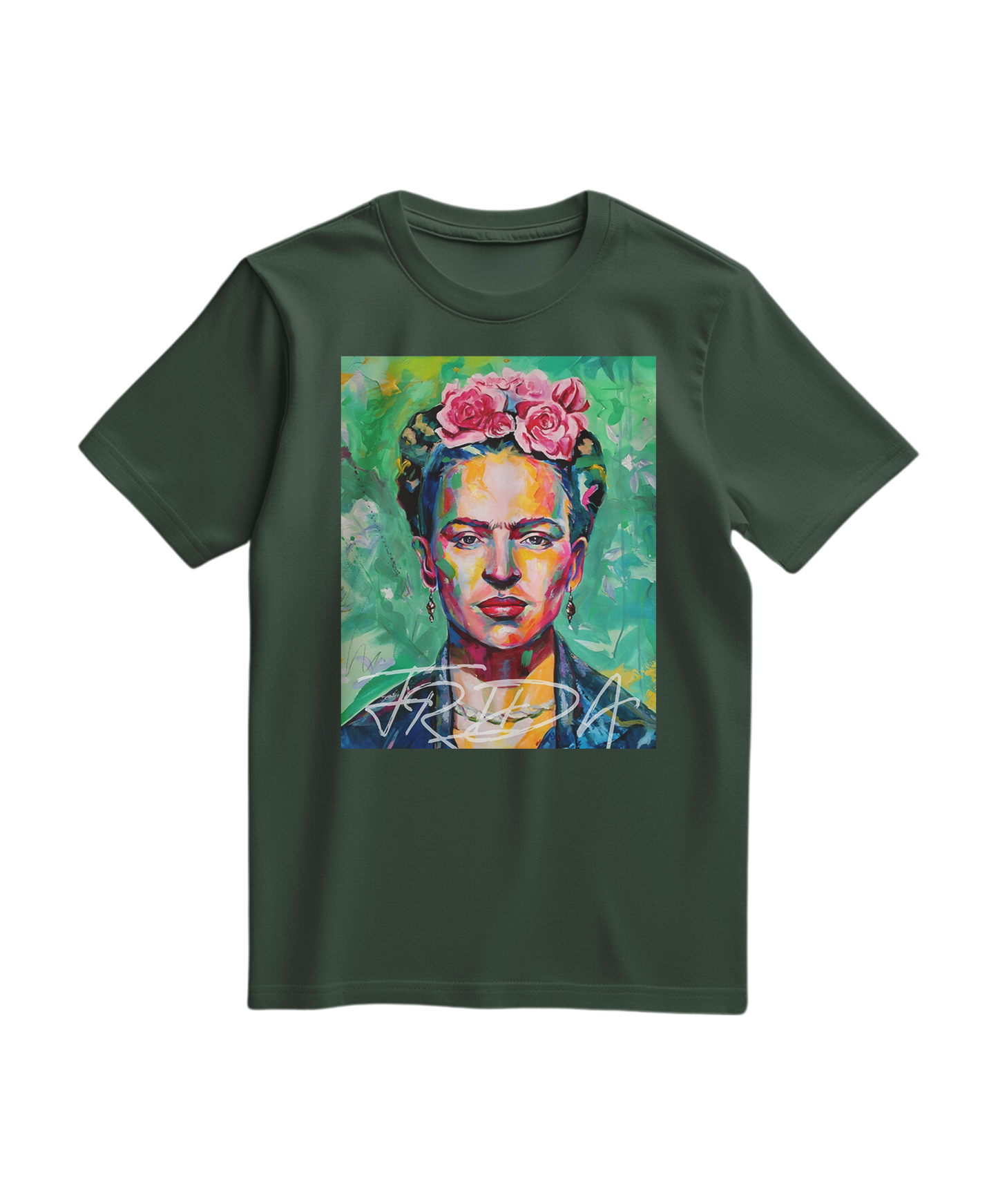 Camiseta verde floresta Kahlo Chromatic da Camalestore, com estampa colorida de Frida Kahlo na frente.