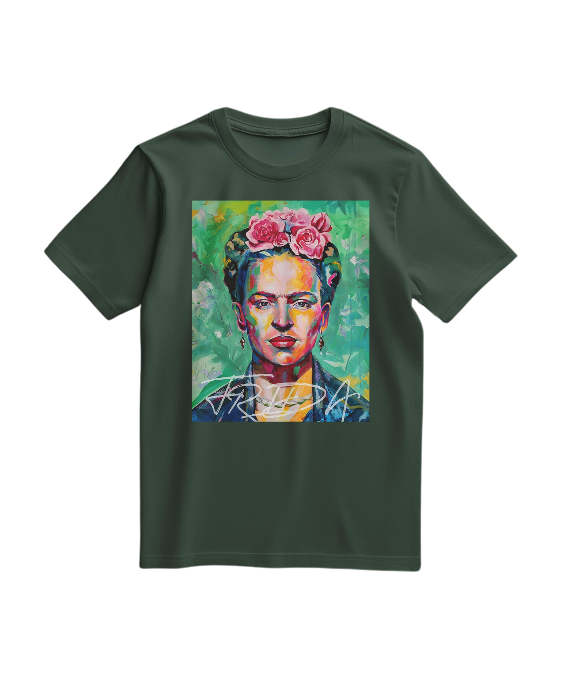 Camiseta verde floresta Kahlo Chromatic da Camalestore, com estampa colorida de Frida Kahlo na frente.