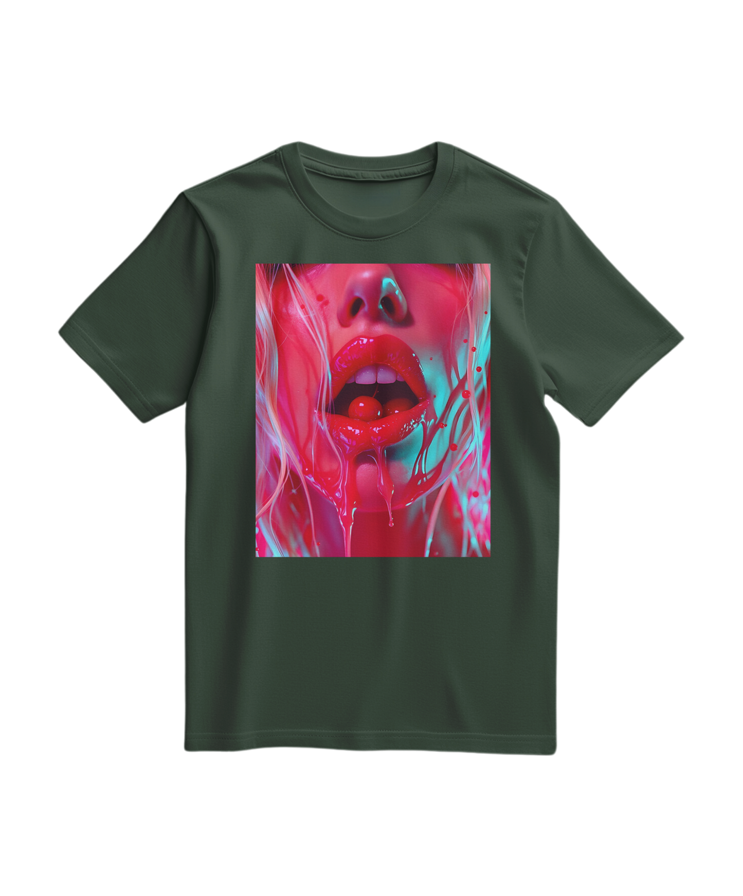 Camiseta Cherry Glaze da Camalestore em verde floresta com estampa de cereja, tecido confortável e design casual.