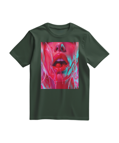 Camiseta Cherry Glaze da Camalestore em verde floresta com estampa de cereja, tecido confortável e design casual.