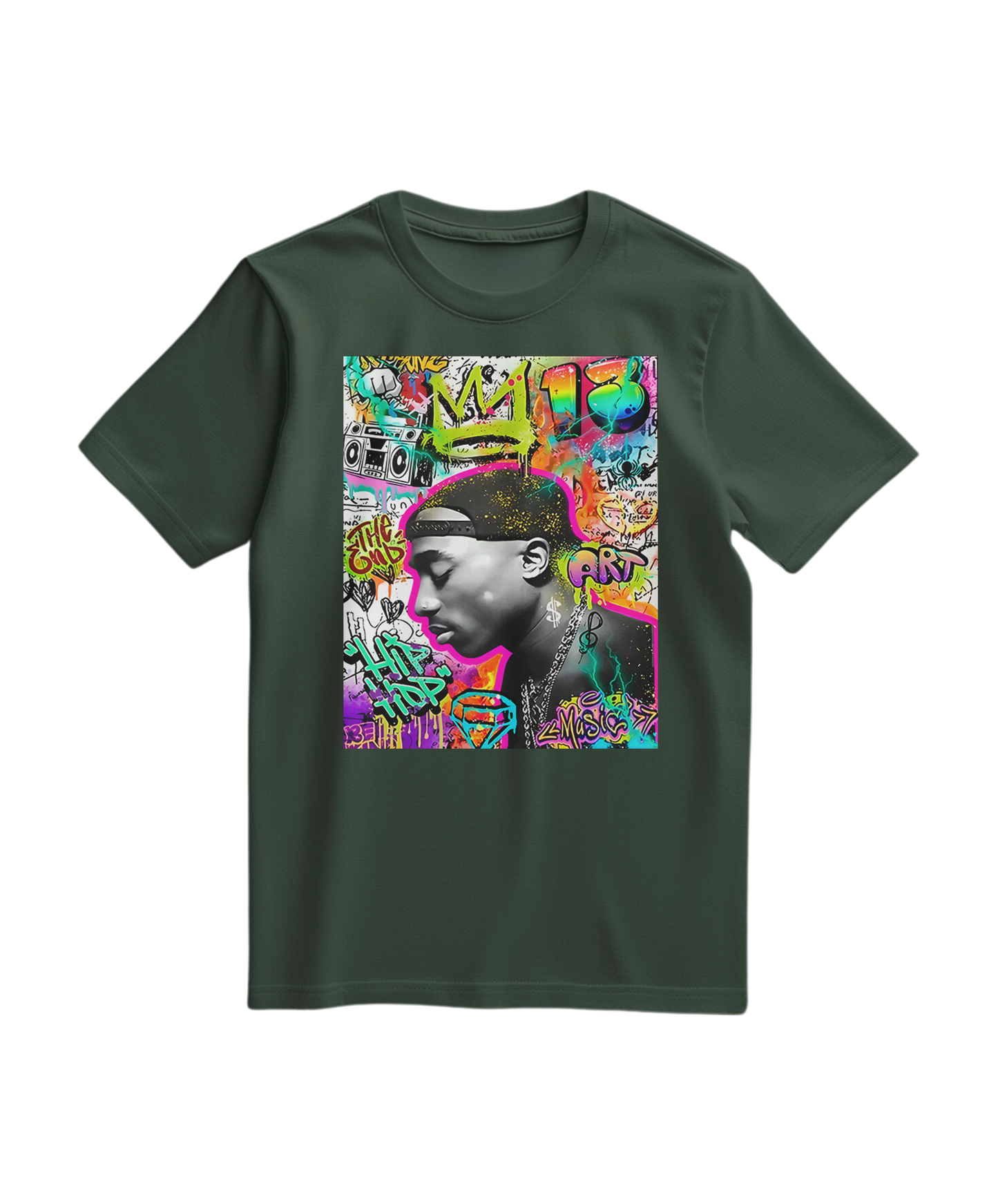 Camiseta verde com estampa de grafite e coroa, estilo casual da marca Camalestore, vista frontal em detalhe.