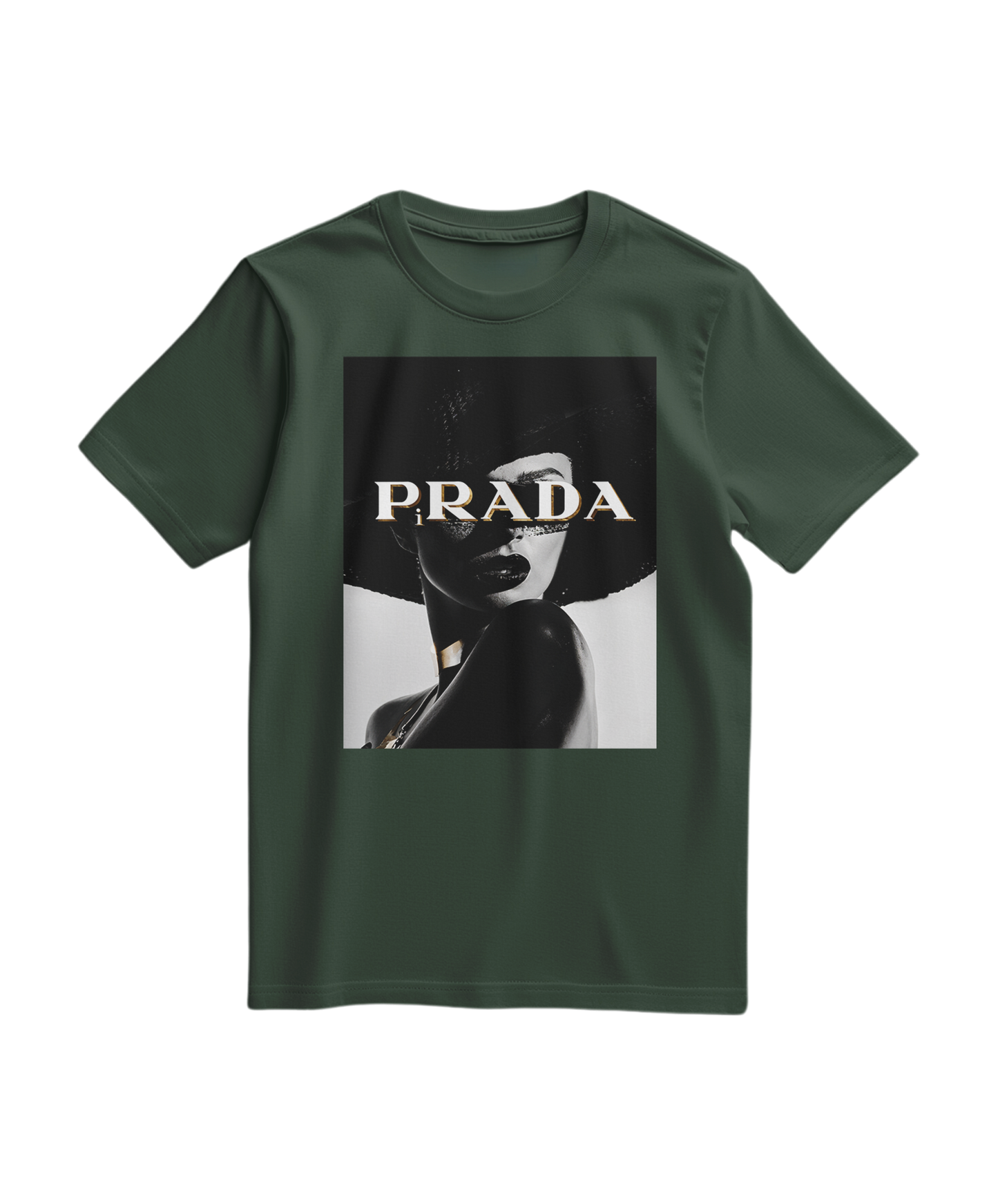 Camalestore T-shirt Shadow Couture Muse verde floresta com estampa moderna e confortável, vista frontal.