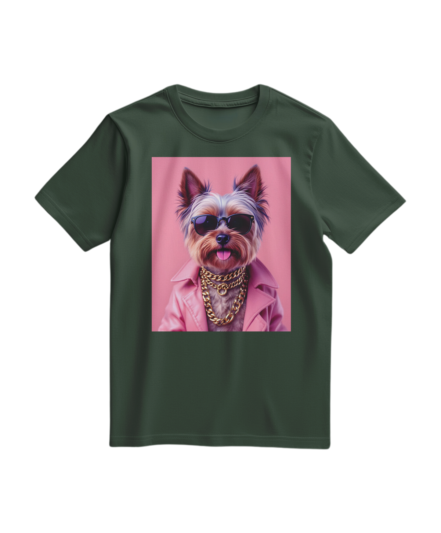 Camiseta verde floresta Camalestore com estampa de Yorkie Street Icon, tecido confortável e design casual para o dia a dia.