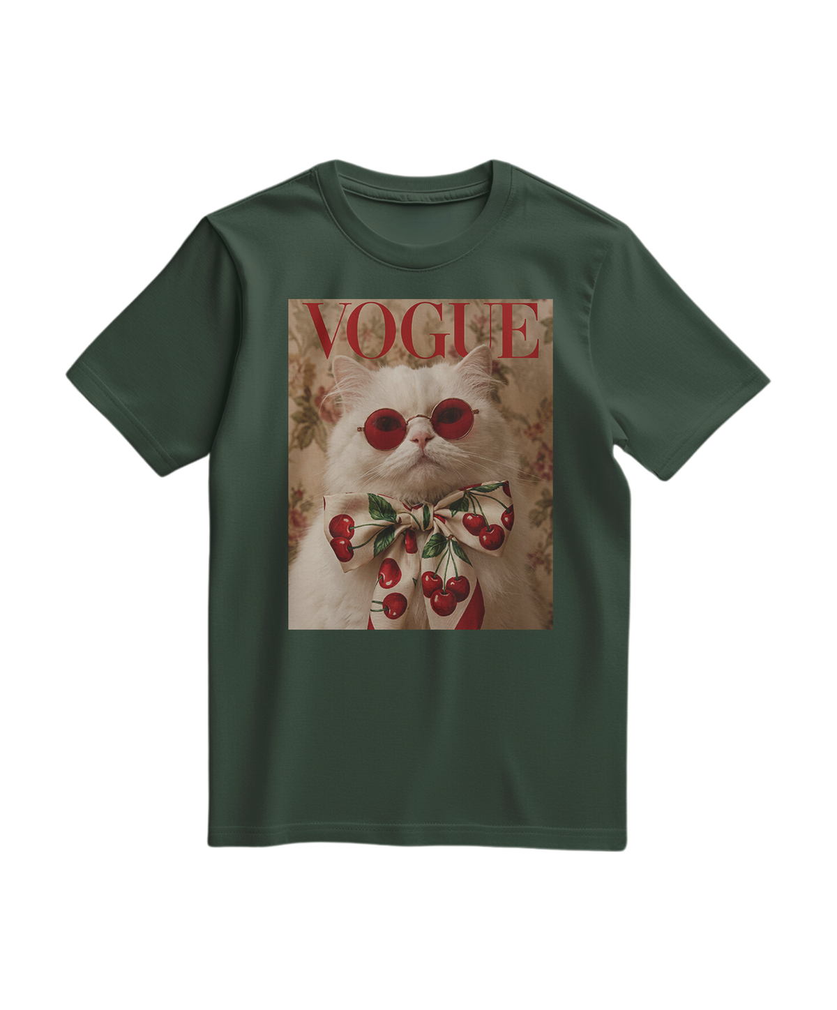 Camiseta Velvet Cherry da Camalestore, t-shirt verde floresta com estampa de cereja, tecido macio e confortável.