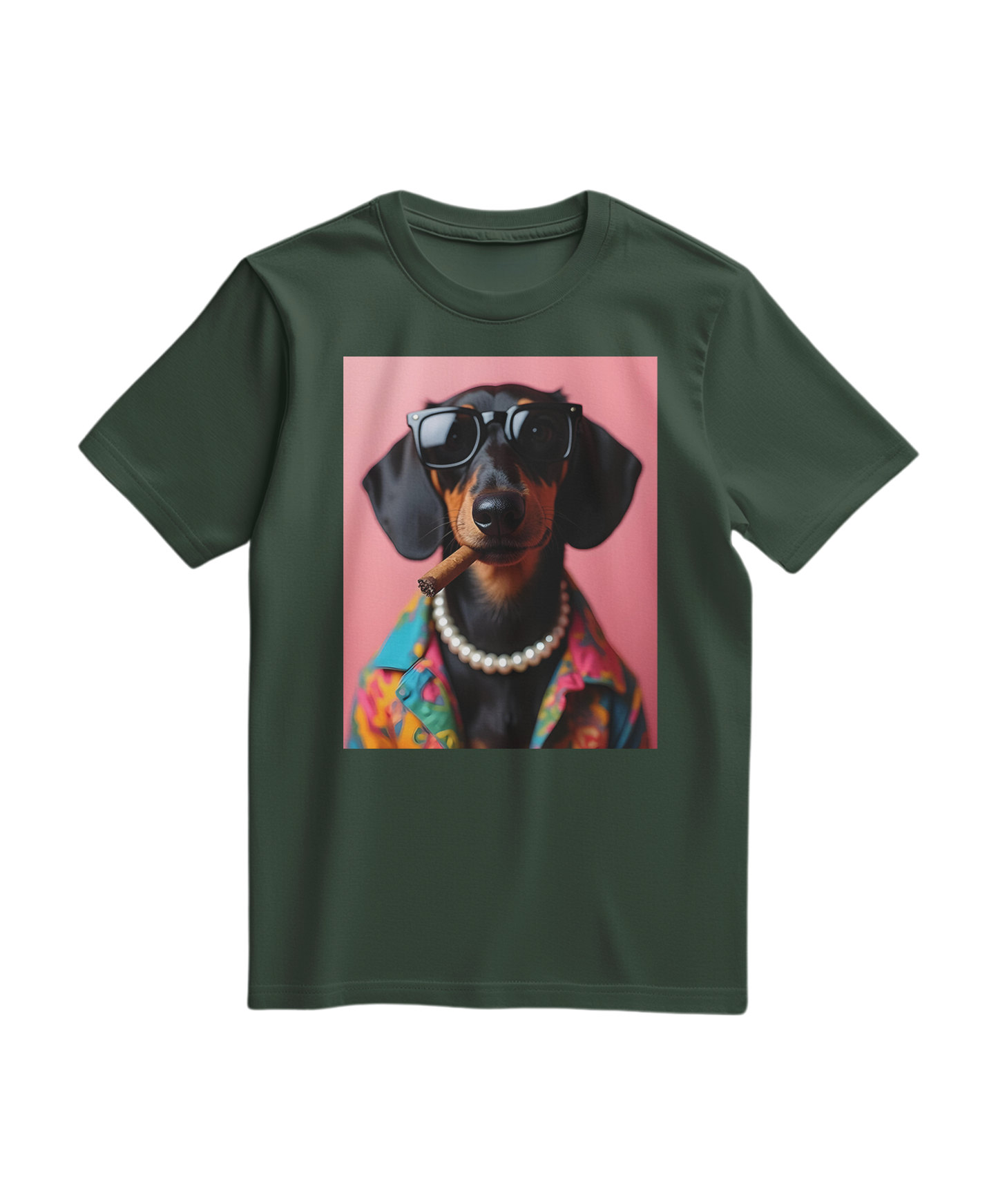 Camiseta verde floresta com estampa de dachshund fumando, camiseta casual da marca Camalestore, vista frontal.