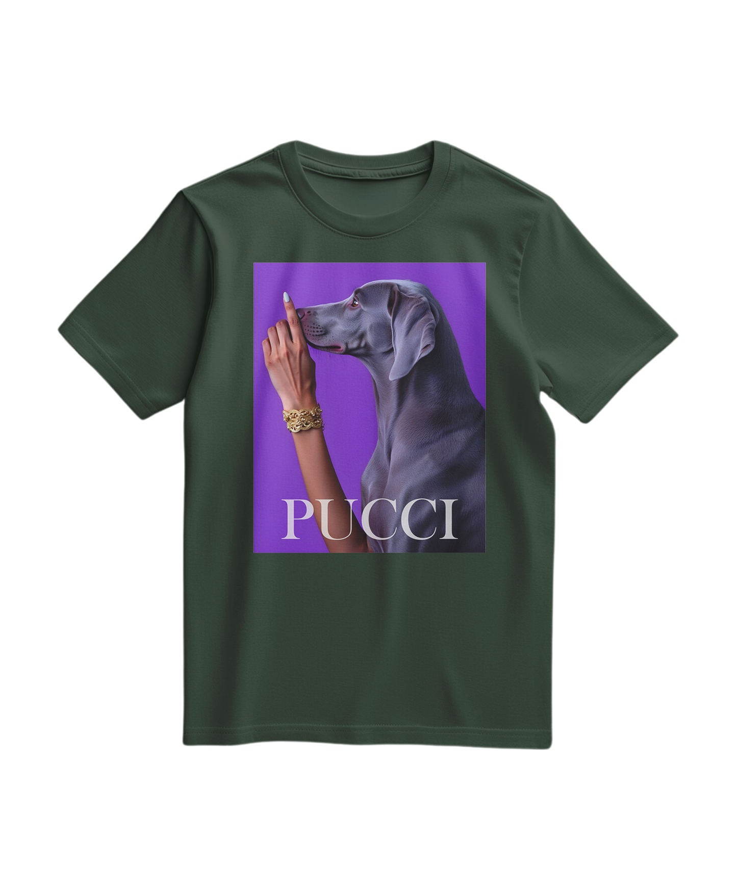 Camiseta Camalestore Pucci Violet, t-shirt verde floresta com estampa colorida, vista frontal, tecido leve e confortável