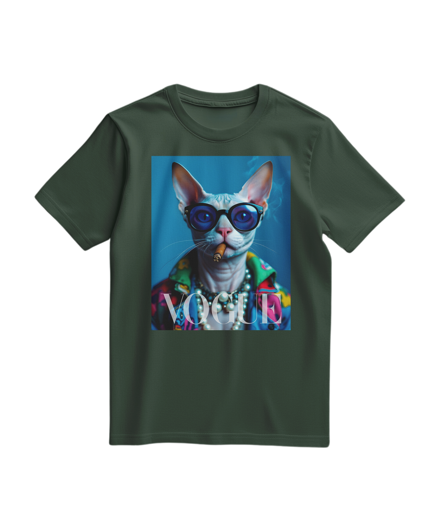 Camiseta Neo-Sphynx Studio verde floresta, camiseta casual de algodão com estampa moderna, na cor verde escura.