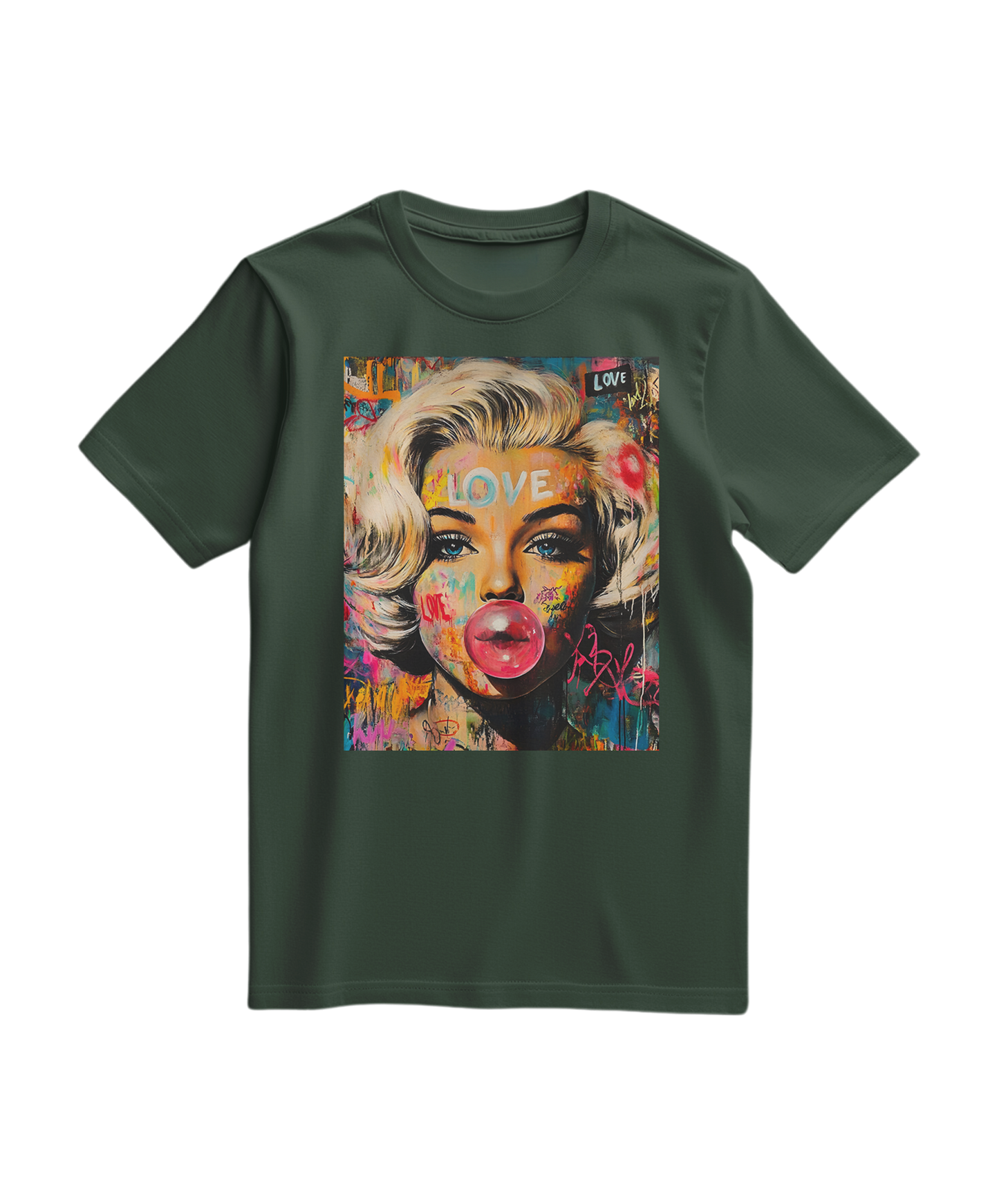 Camiseta Marilyn Pop Rebel verde floresta, camiseta de algodão com estampa exclusiva, modelo casual da marca Camalestore