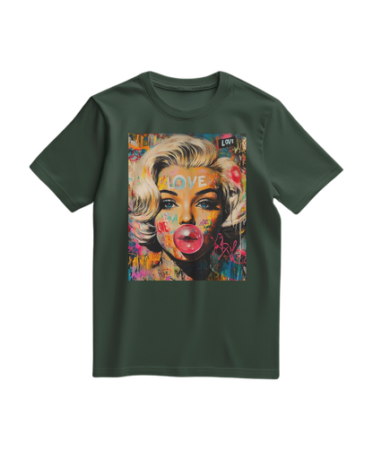 Camiseta Marilyn Pop Rebel verde floresta, camiseta de algodão com estampa exclusiva, modelo casual da marca Camalestore