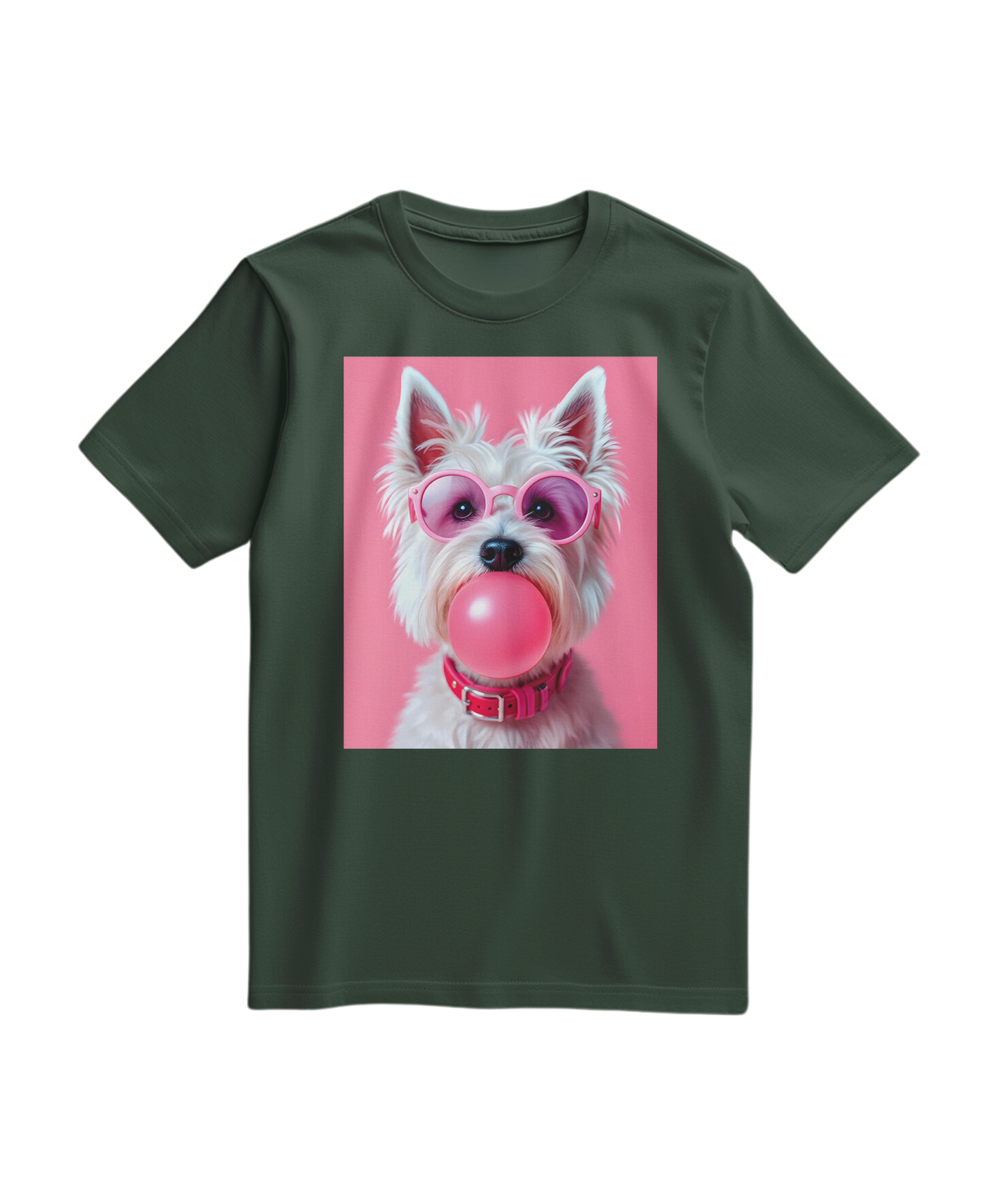 Camiseta Bubble Terrier verde floresta da Camalestore com estampa de cachorro terrier em destaque.