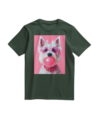 Camiseta Bubble Terrier verde floresta da Camalestore com estampa de cachorro terrier em destaque.