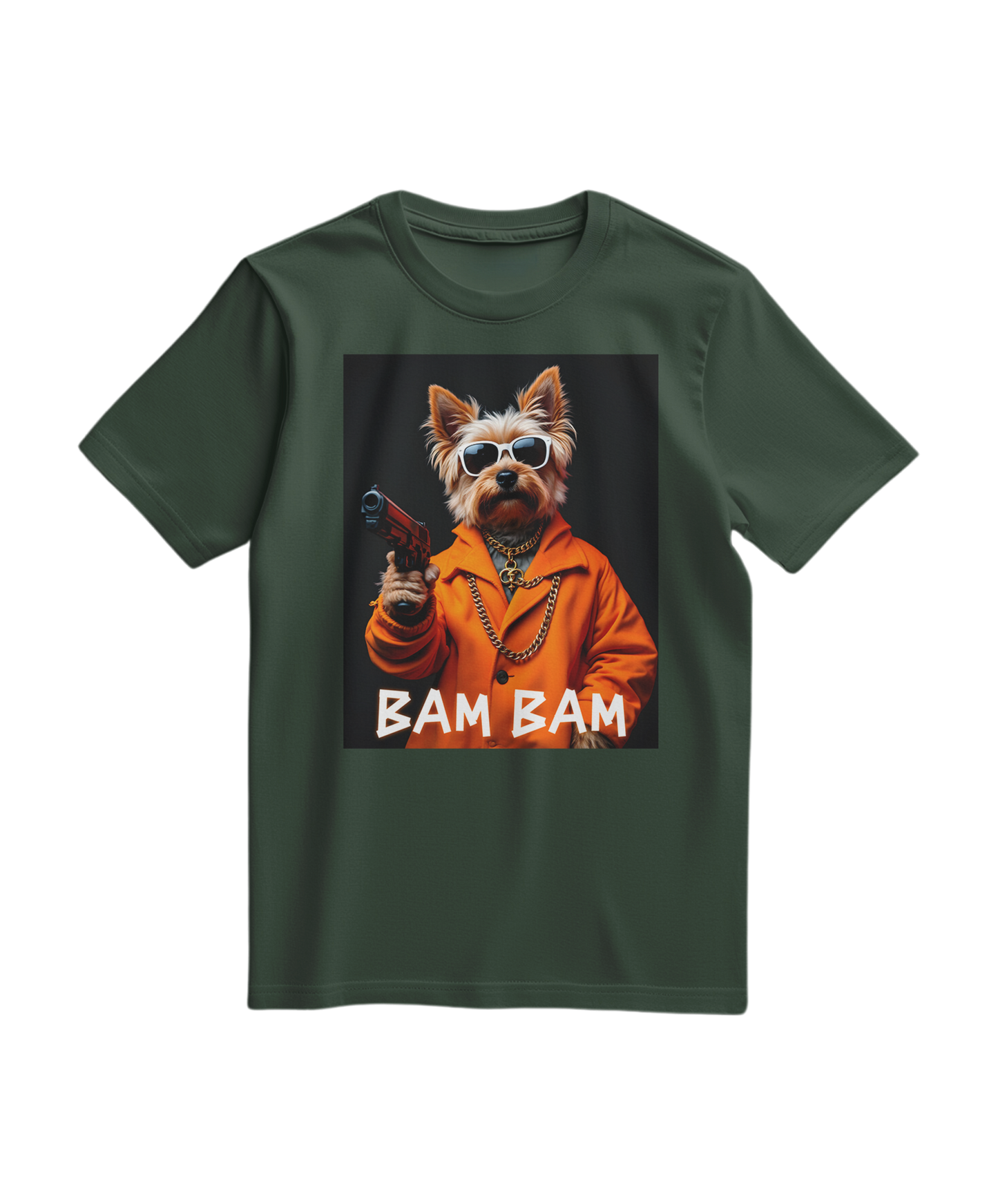 Camiseta Bam Bam Gangster em verde floresta, estilo casual, de algodão, com design gráfico na frente, da marca Camalestore.