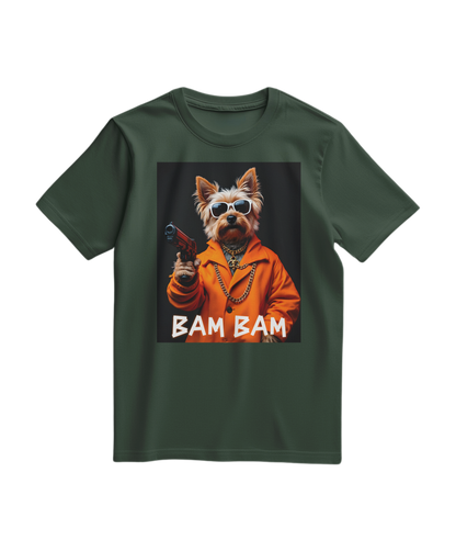 Camiseta Bam Bam Gangster em verde floresta, estilo casual, de algodão, com design gráfico na frente, da marca Camalestore.