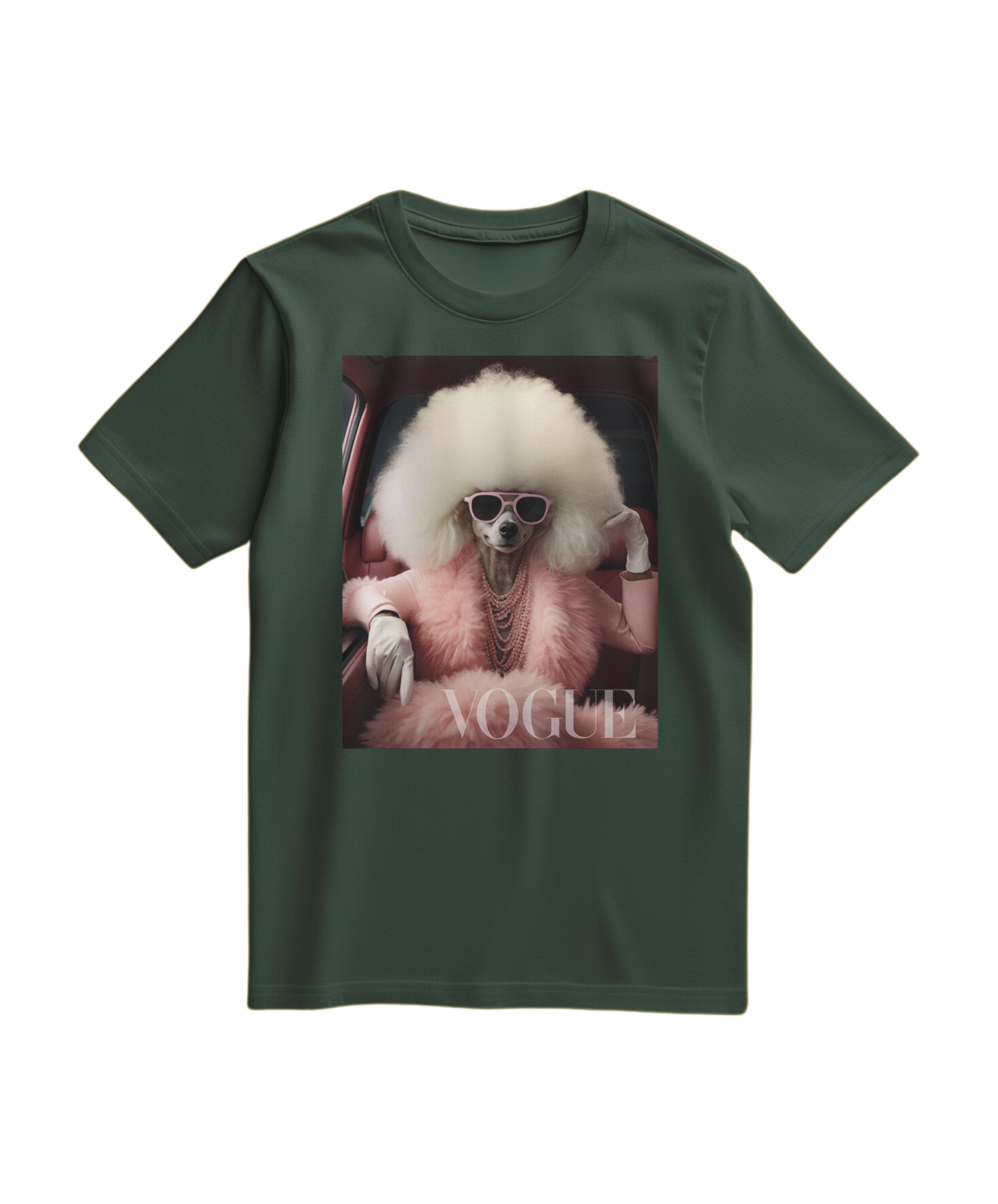 Camiseta verde floresta Camalestore com estampa de poodle glam, visual casual e moderno, para looks descontraídos.