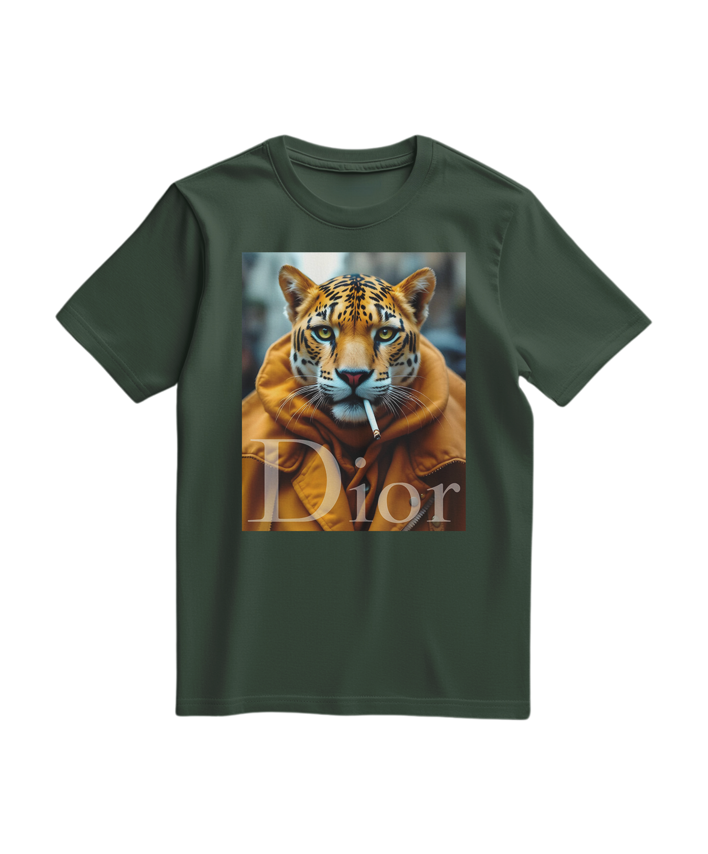 Camalestore T-shirt Jaguar Raw verde floresta com estampa de onça, ajuste confortável e estilo casual para o dia a dia.