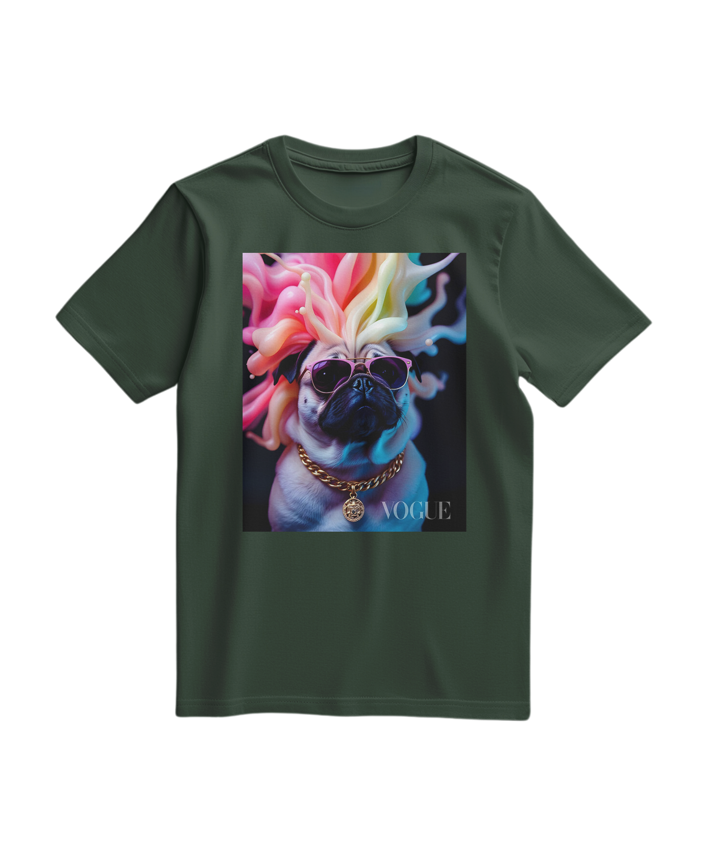 Camalestore camiseta Pug Chromatic Elite verde floresta, com estampa de pug, tecido confortável e design moderno.