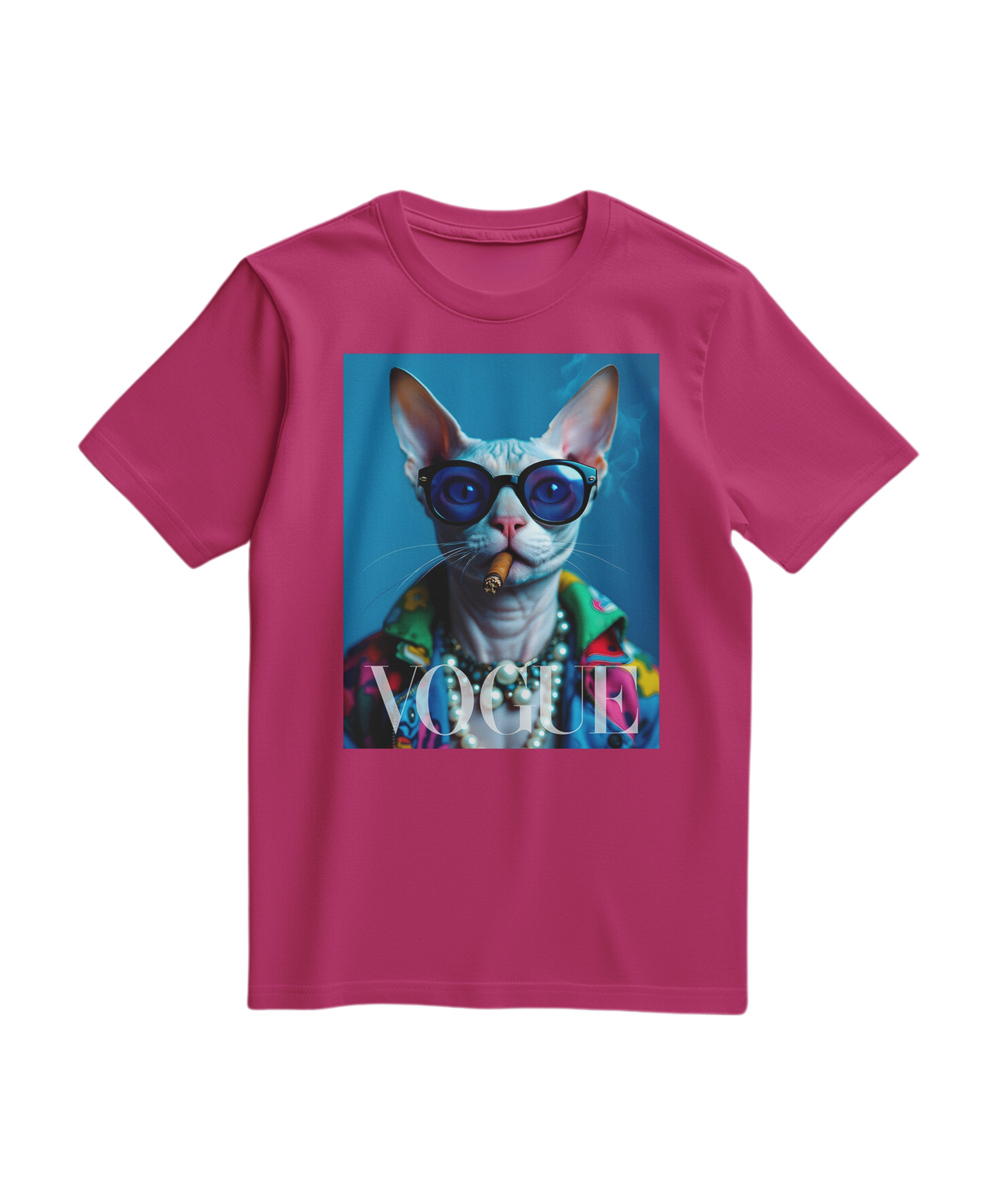 Camiseta Neo-Sphynx Studio da Camalestore, T-shirt fucsia com estampa moderna, vista frontal em fundo branco