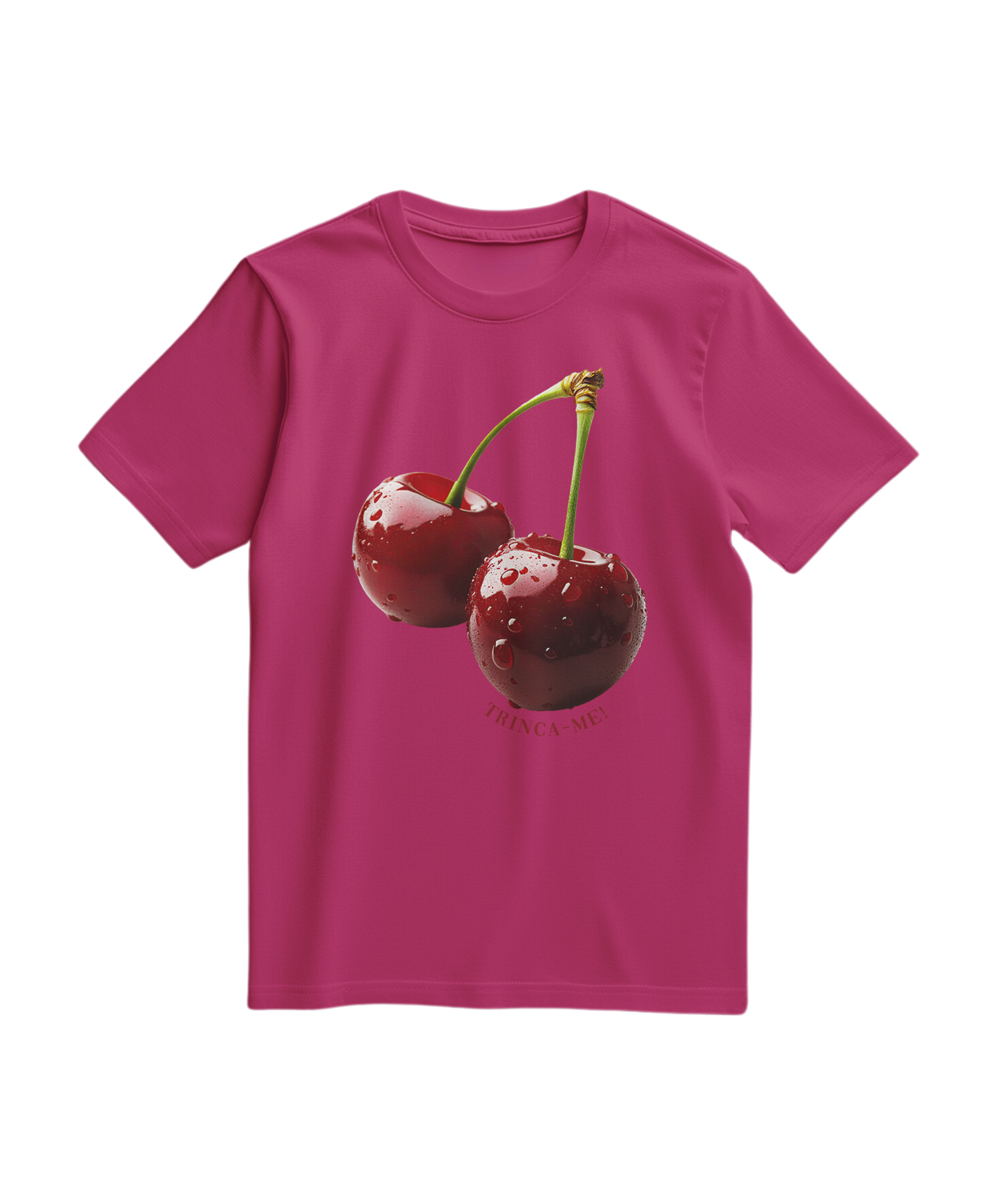 Camalestore camiseta T-shirt cherry bite me de cor fúcsia com estampa de cereja mordida e detalhes coloridos.
