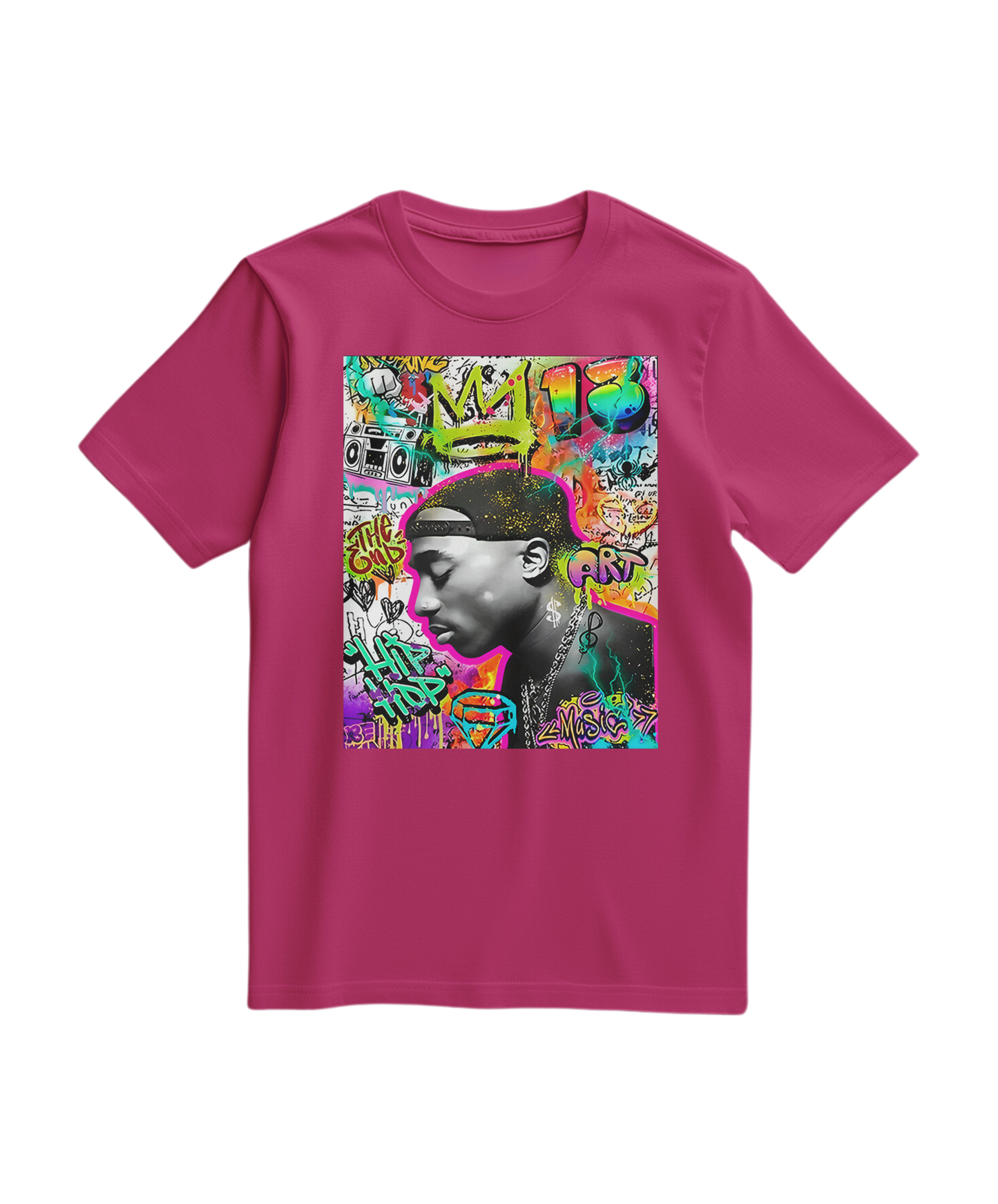 Camalestore camiseta graffiti com coroa em tom fúcsia, estilo urbano e visual vibrante, vista frontal na imagem.
