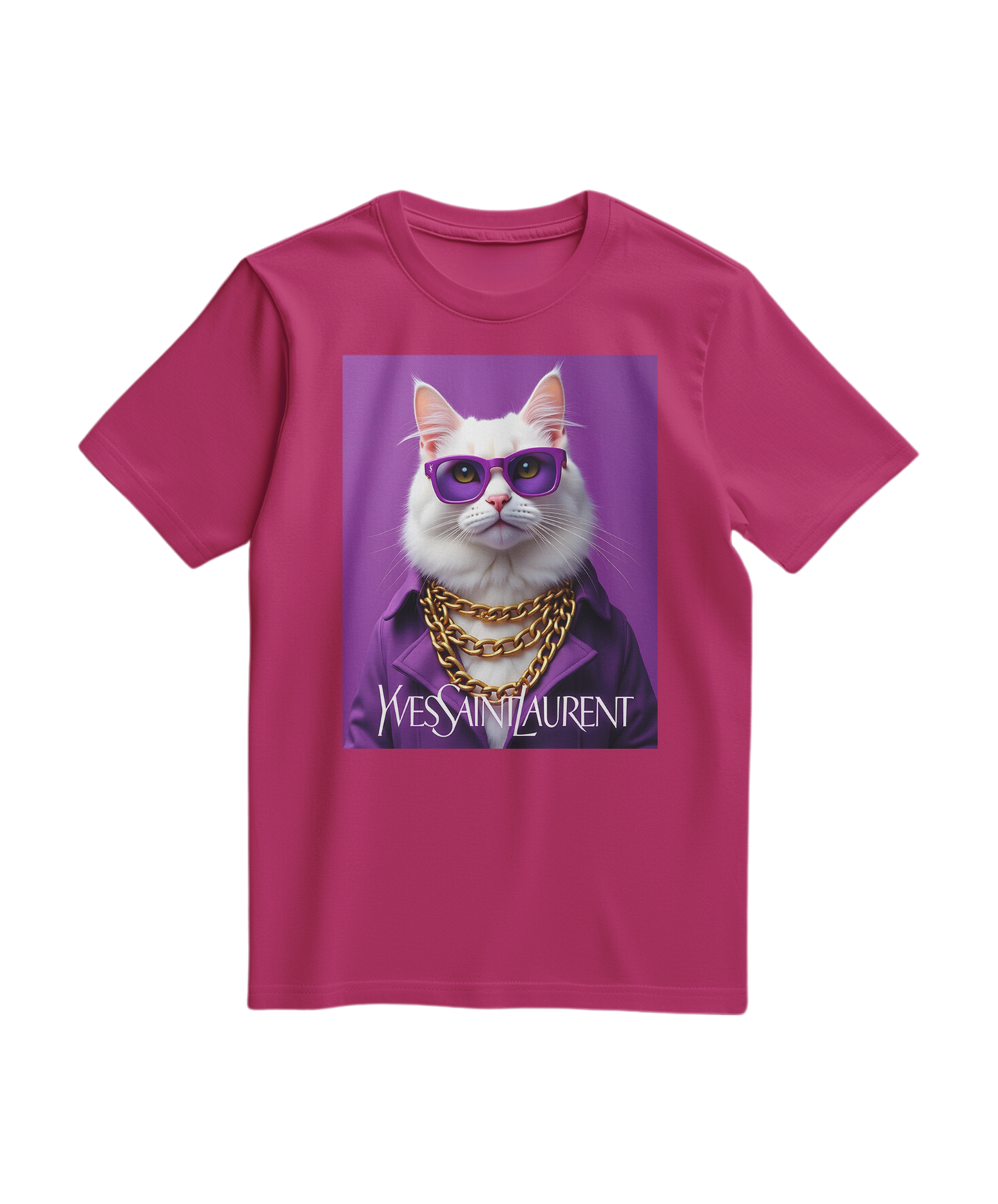 Camiseta Feline Drip da Camalestore em tom fúcsia com design de gato e gotas, frente visível, tecido de algodão confortável.