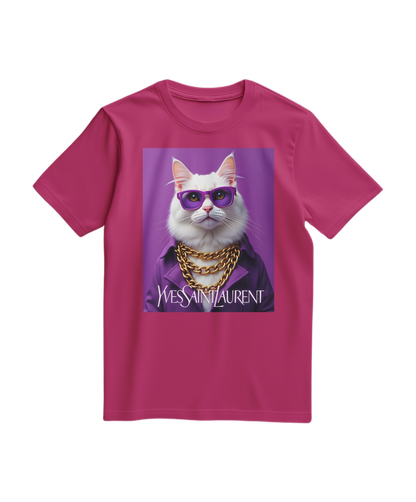 Camiseta Feline Drip da Camalestore em tom fúcsia com design de gato e gotas, frente visível, tecido de algodão confortável.