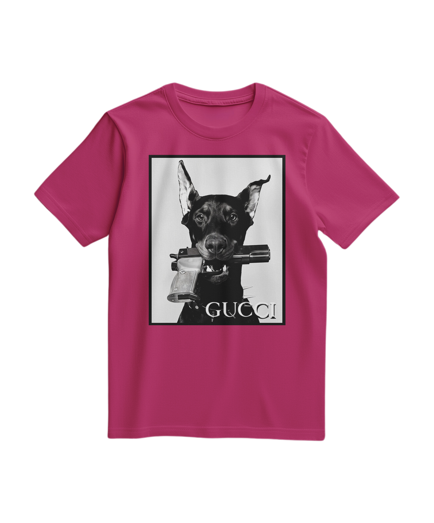 Camiseta Dog Amunition da Camalestore em cor fúcsia, com estampa de cachorro, feita de algodão confortável.