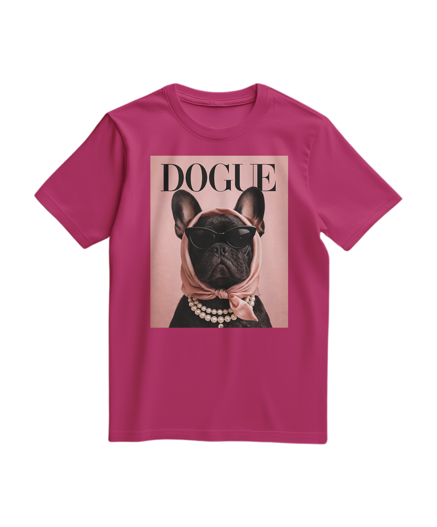 Camiseta The Frenchie Muse da Camalestore, t-shirt fúcsia com estampa de um Frenchie, tecido confortável e design moderno.
