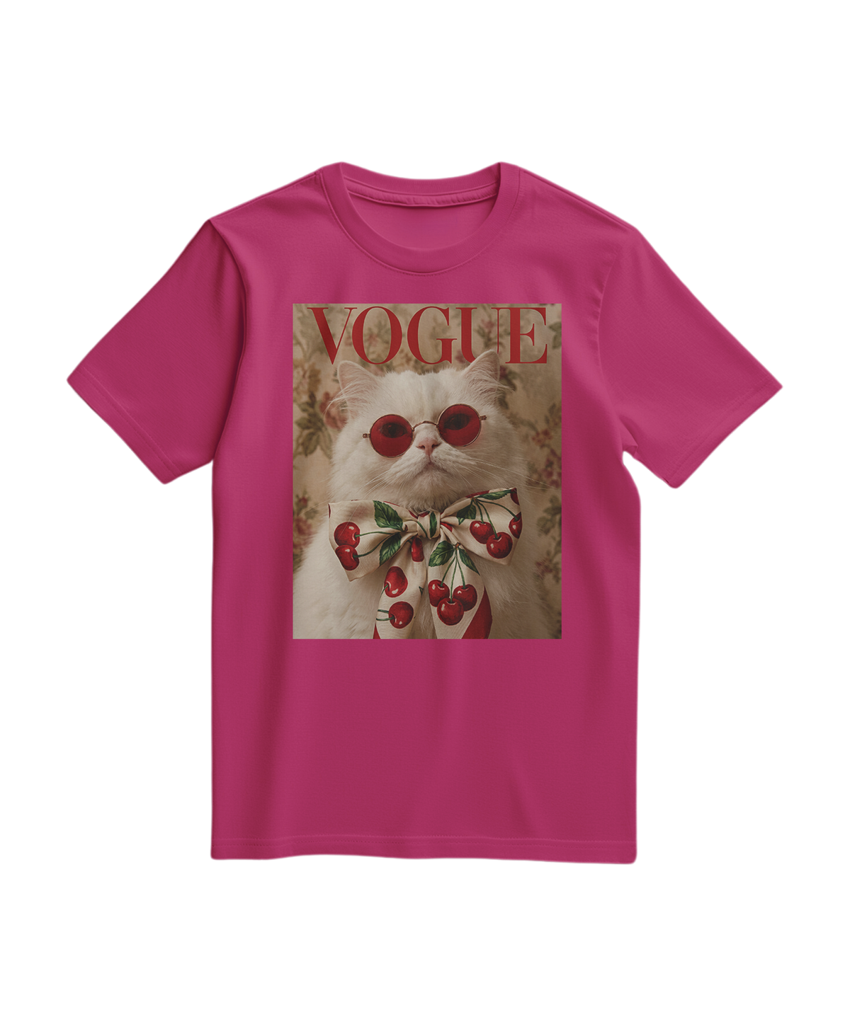 Camiseta Velvet Cherry da Camalestore, t-shirt fucsia com estampa de cereja, tecido macio e confortável, vista frontal.