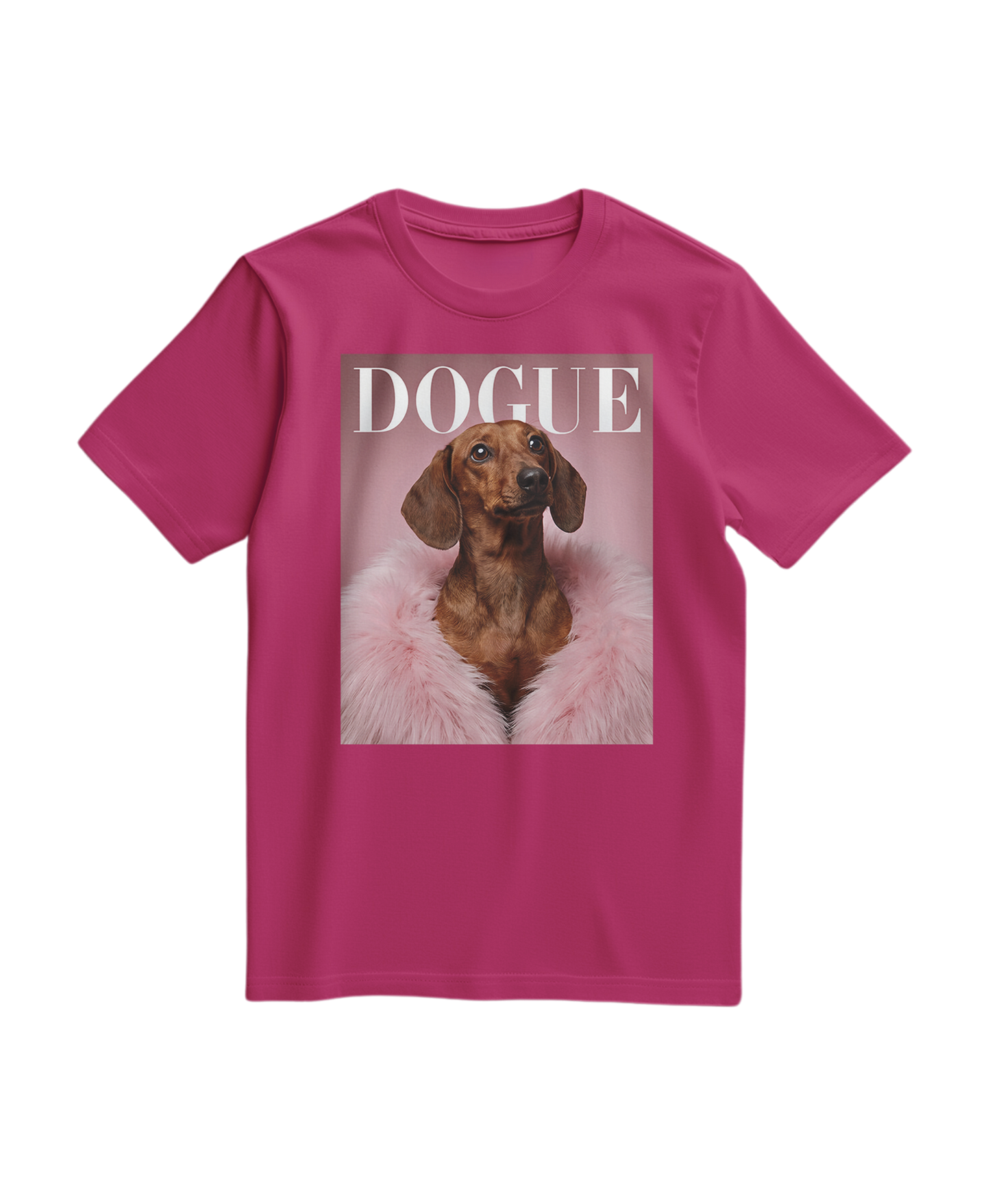 Camiseta Dachshund Muse da Camalestore em cor fúcsia, com estampa de cachorro salsicha e design moderno para uso casual.