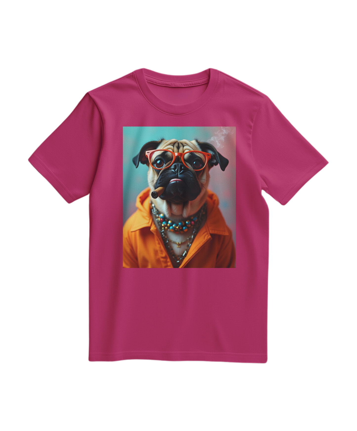 Camiseta laranja Pug Rebel da Camalestore, com estampa de pug e detalhes vibrantes, vista frontal em tecido leve.