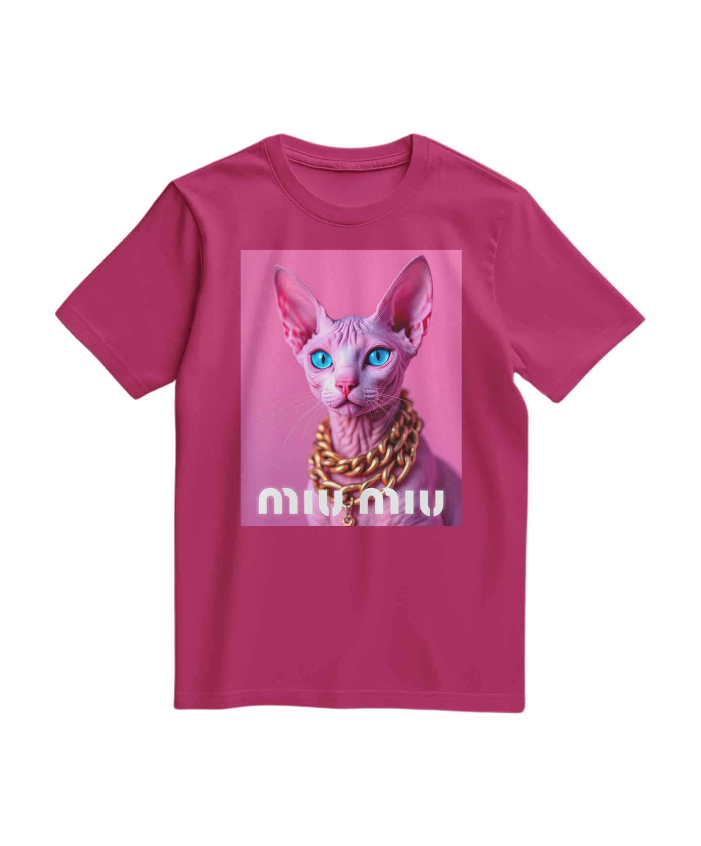 Camiseta rosa pink com estampa de esfinge dourada, estilo casual, da marca Camalestore, vista frontal.