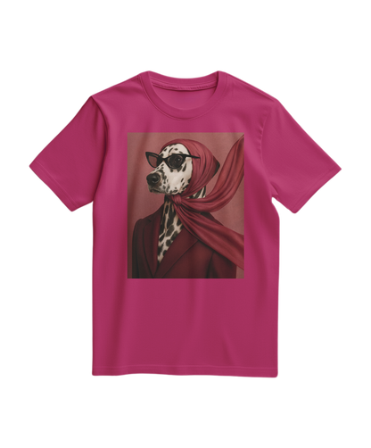 Camiseta Spot Luxe da Camalestore em fúcsia, com estampa de bolinhas pretas, vista frontal, tecido leve e confortável.