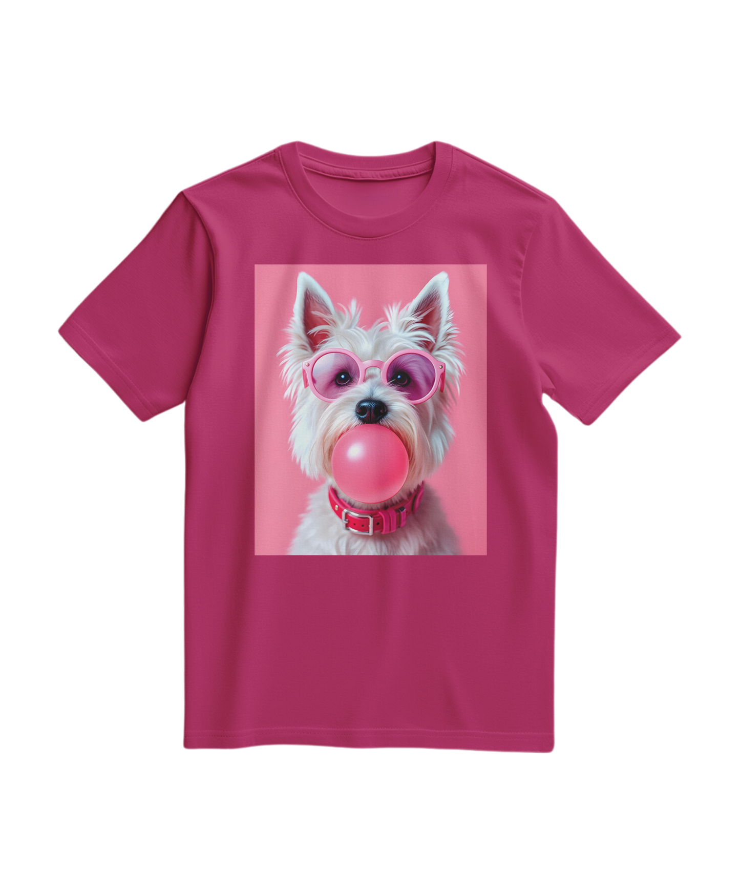 Camiseta Bubble Terrier da Camalestore em cor fuscia, com estampa de cachorro terrier em estilo divertido.