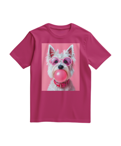 Camiseta Bubble Terrier da Camalestore em cor fuscia, com estampa de cachorro terrier em estilo divertido.