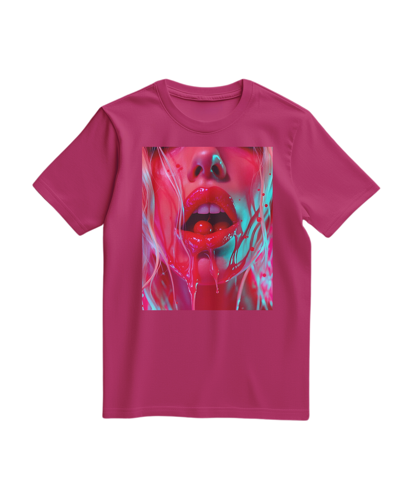 Camalestore T-shirt Cherry Glaze com estampa de cereja em tom fúcsia, manga curta e design casual.