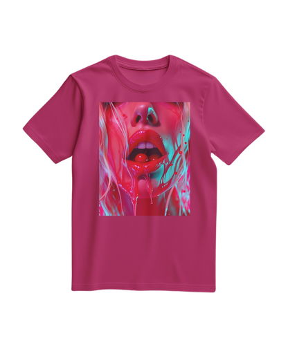 Camalestore T-shirt Cherry Glaze com estampa de cereja em tom fúcsia, manga curta e design casual.