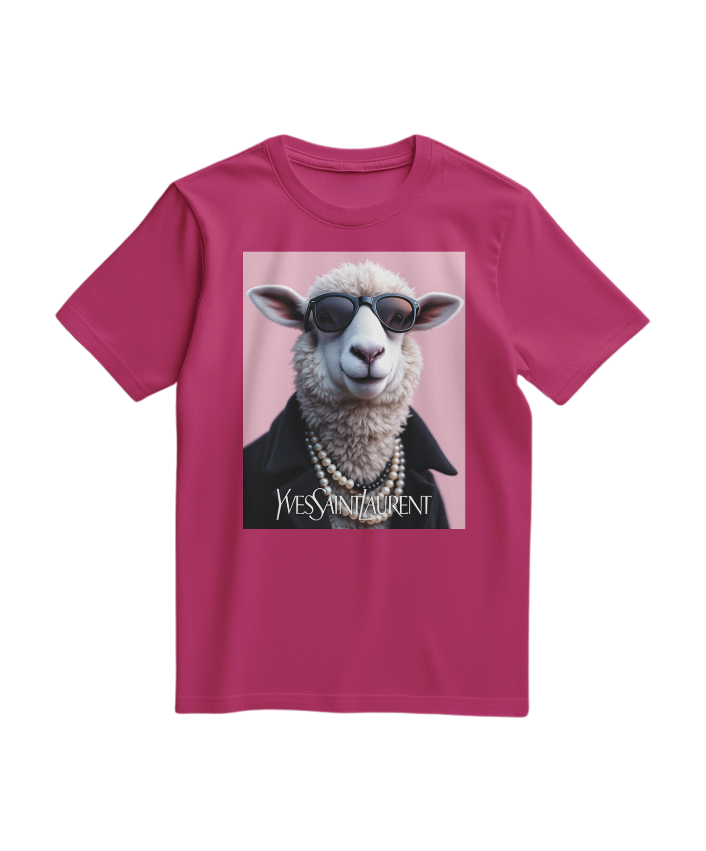 Camiseta fúcsia da Camalestore com ícone de ovelha de pérola, design moderno e confortável para o uso diário.