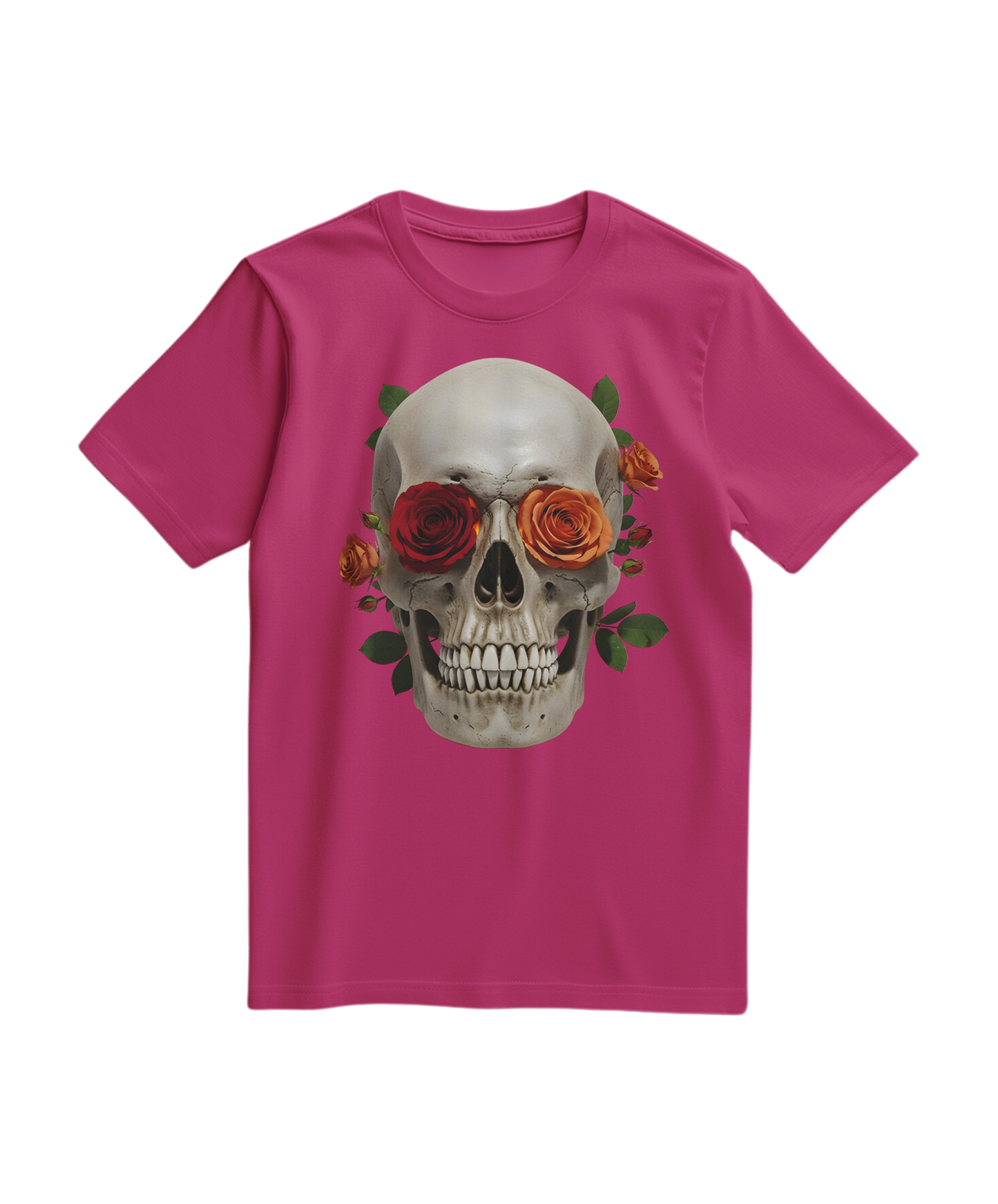 Camiseta Skull Rose da Camalestore em cor fúcsia com estampa de caveira e rosas, vista frontal em tecido leve.