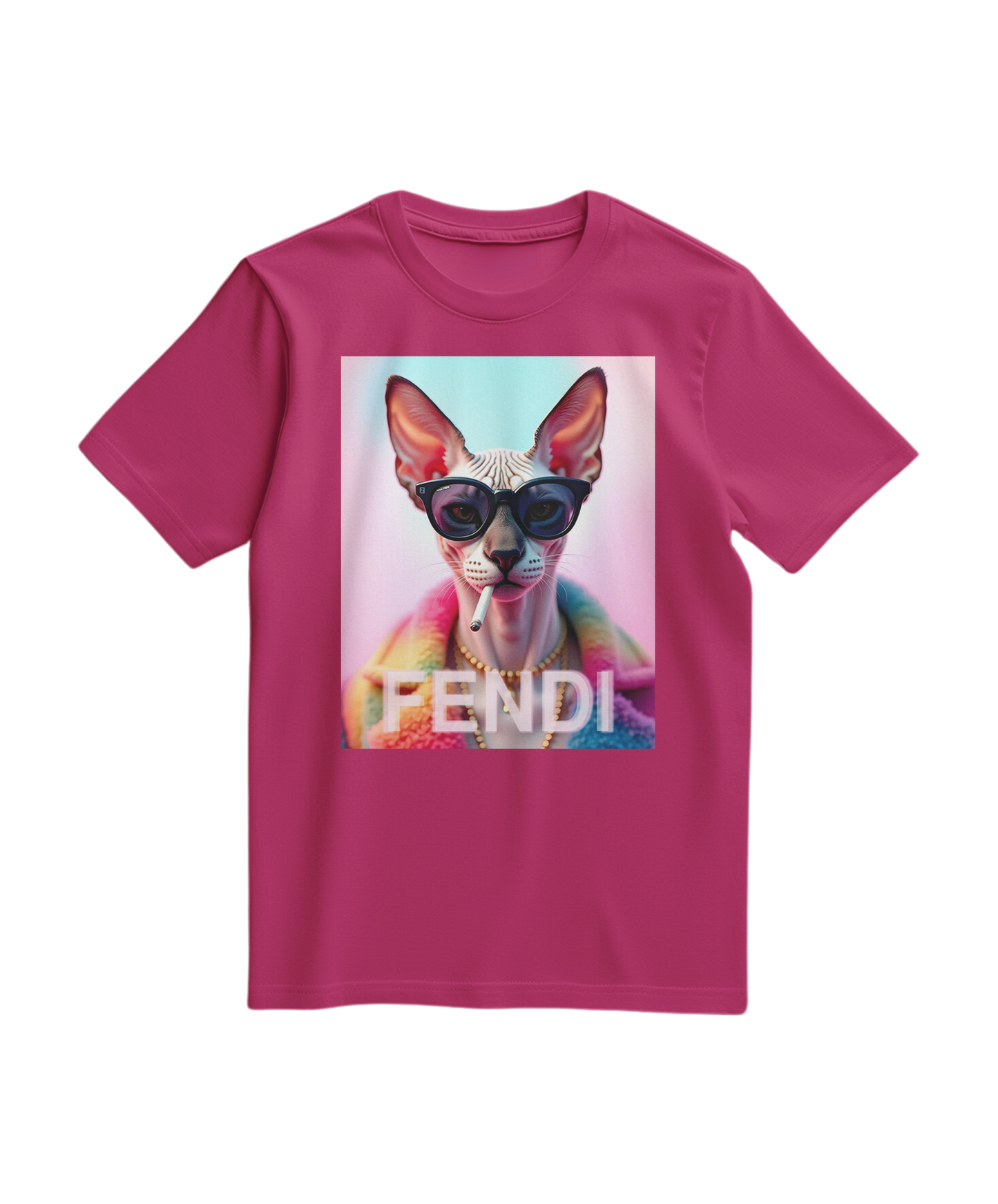 Camiseta Sphynx Prism da Camalestore, t-shirt fúcsia com design de gato Sphynx na frente, estampa vibrante e moderna